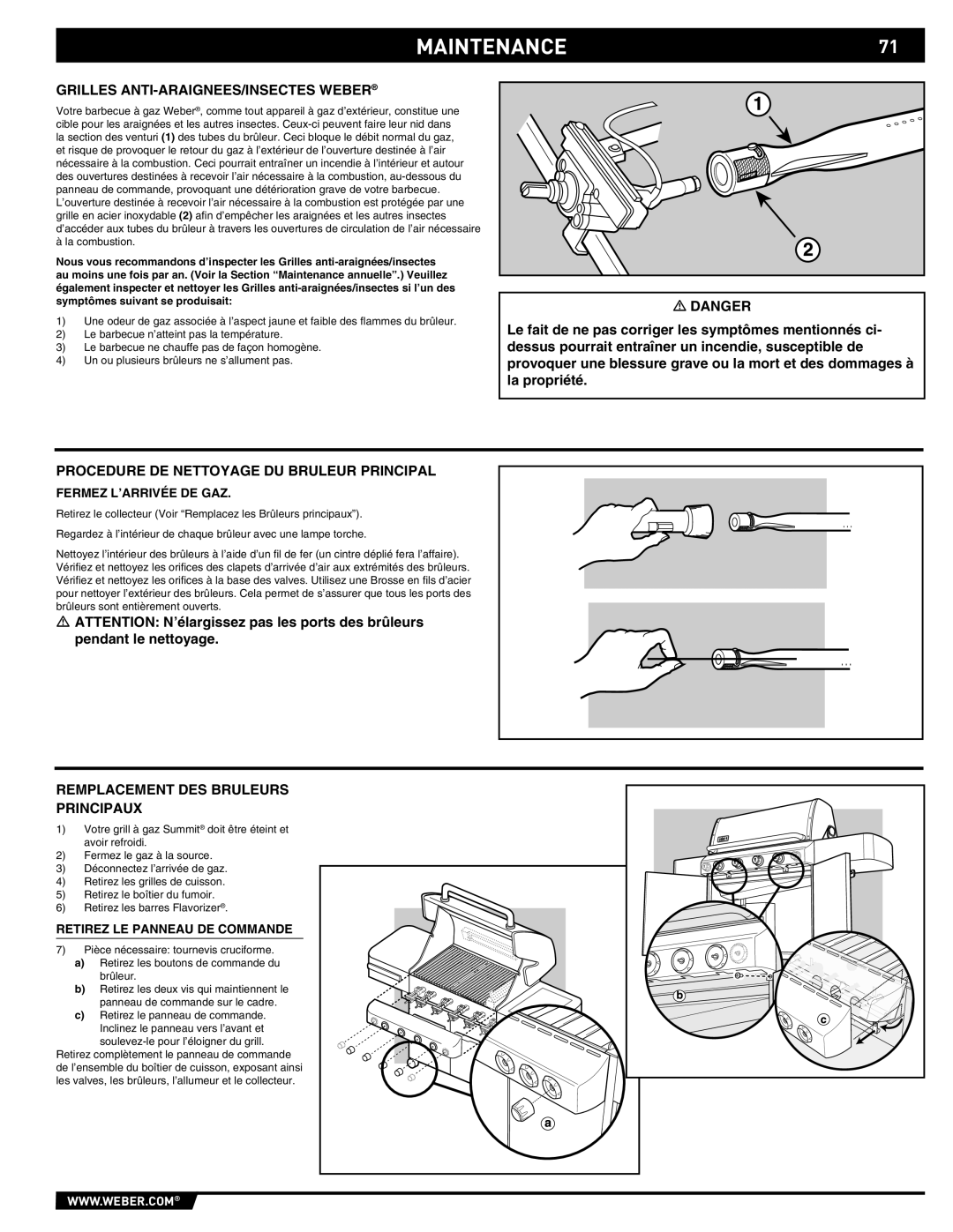 Summit E/S-420/450 manual MAINTENANCE71, Grilles ANTI-ARAIGNEES/INSECTES Weber, Procedure DE Nettoyage DU Bruleur Principal 