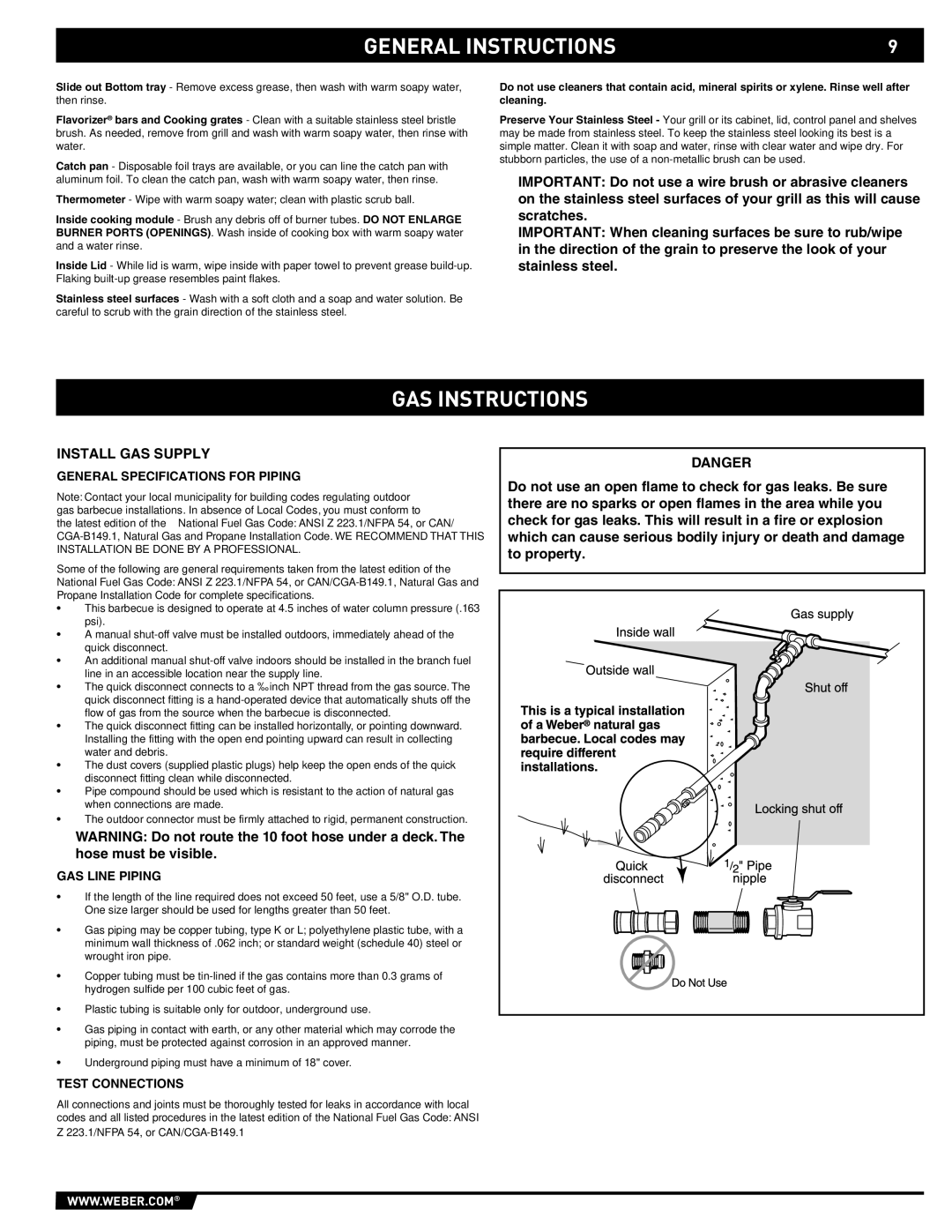 Summit E/S-420/450 manual GAS Instructions, Install GAS Supply, General Specifications for Piping, GAS Line Piping 