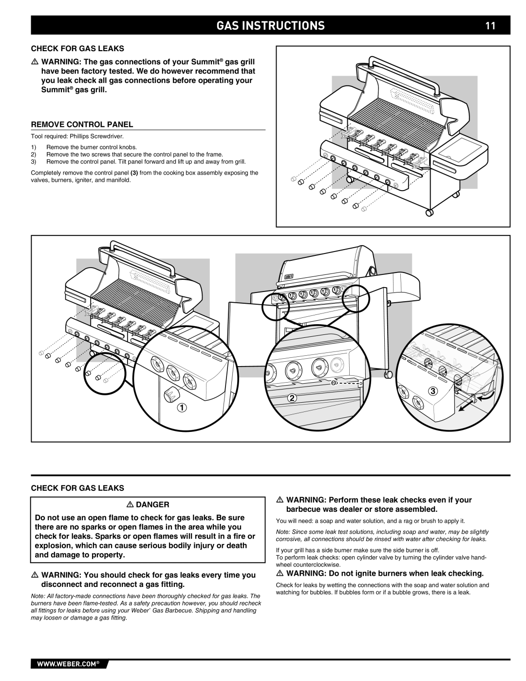 Summit E/S-620/650 manual Check for GAS Leaks Remove Control Panel 