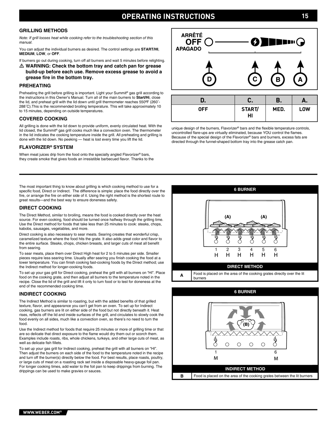 Summit E/S-620/650 Operating Instructions, Preheating Covered Cooking, Flavorizer System, Direct Cooking, Indirect Cooking 