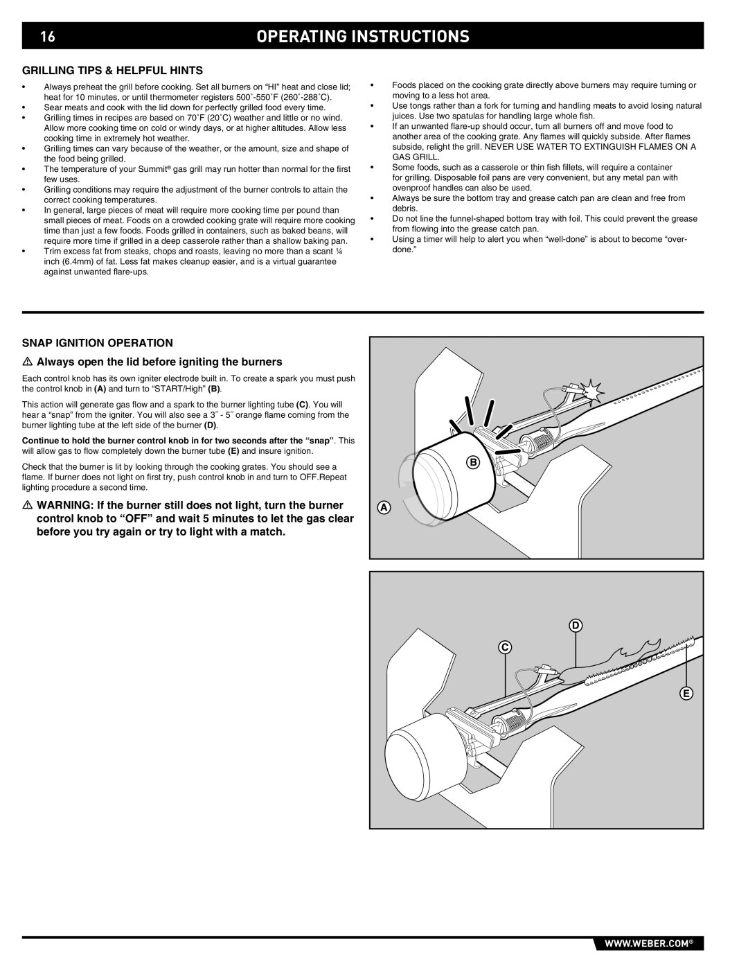 Summit E/S-620/650 manual Grilling Tips & Helpful Hints, Snap Ignition Operation 