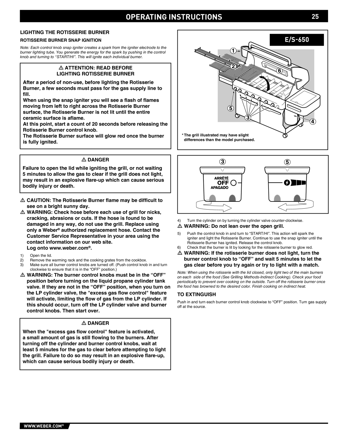 Summit E/S-620/650 manual Lighting the Rotisserie Burner, Lighting Rotisserie Burner, Rotisserie Burner Snap Ignition 