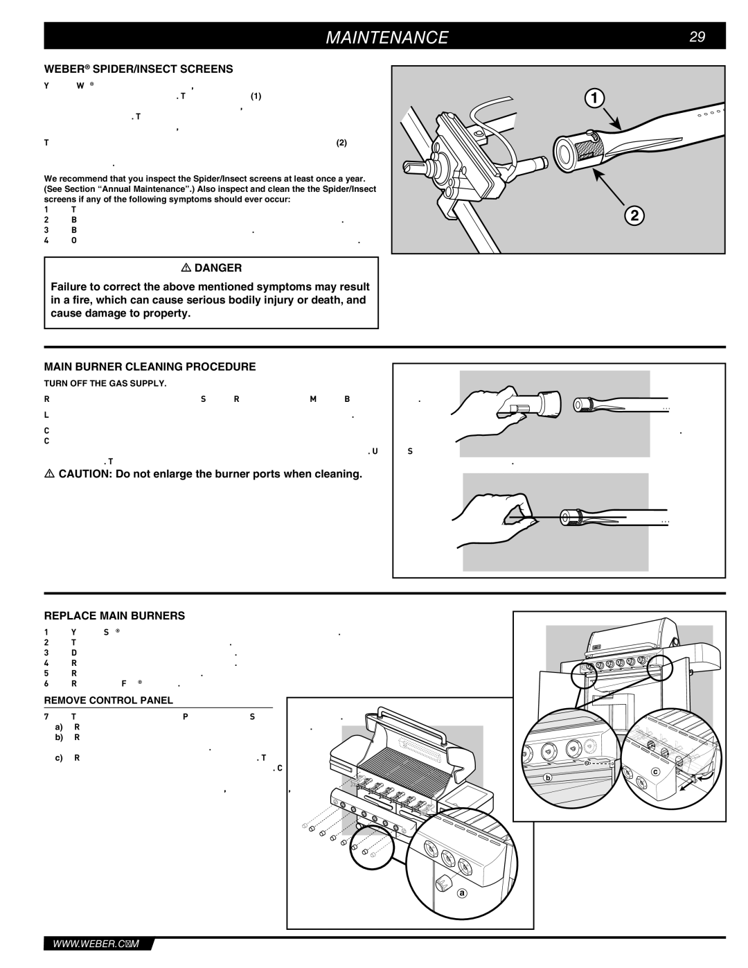 Summit E/S-620/650 manual MAINTENANCE29, Weber SPIDER/INSECT Screens, Main Burner Cleaning Procedure, Replace Main Burners 