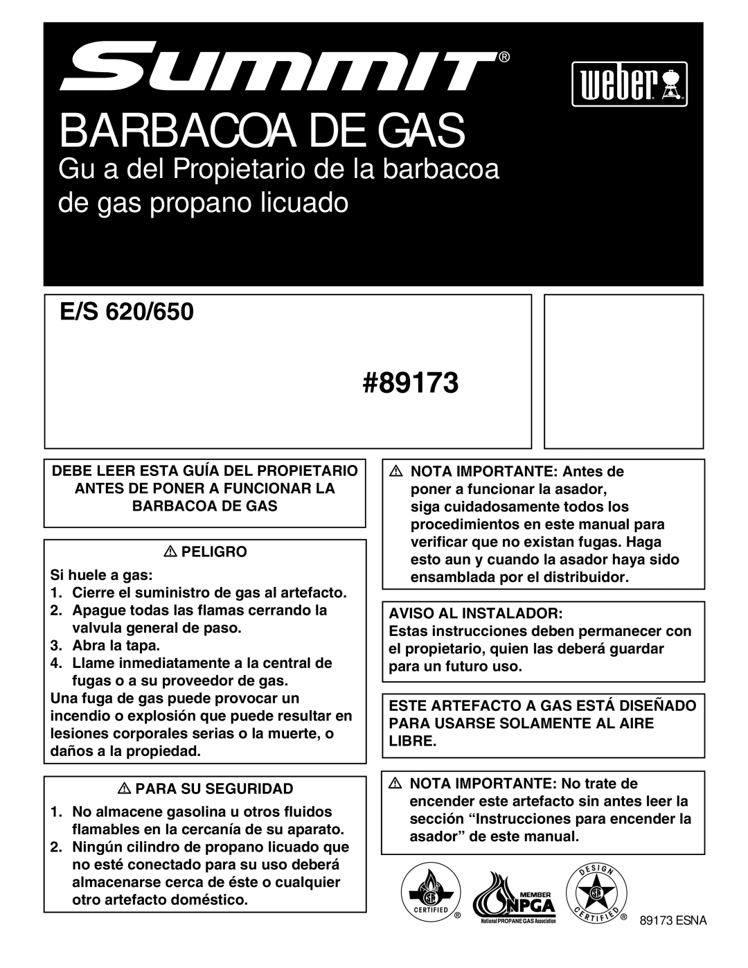 Summit E/S-620/650 manual Barbacoa DE GAS 