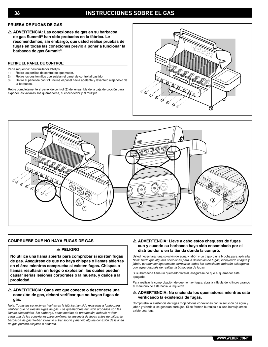 Summit E/S-620/650 manual Prueba DE Fugas DE GAS, Compruebe QUE no Haya Fugas DE GAS Peligro, Retire EL Panel DE Control 