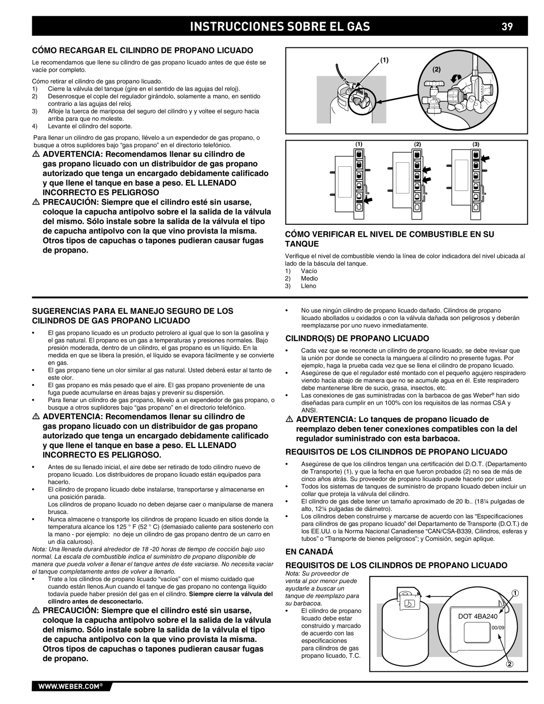 Summit E/S-620/650 manual Cómo Recargar EL Cilindro DE Propano Licuado, Cómo Verificar EL Nivel DE Combustible EN SU Tanque 