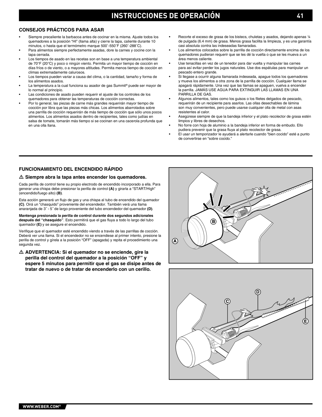 Summit E/S-620/650 manual Consejos Prácticos Para Asar, Funcionamiento DEL Encendido Rápido 