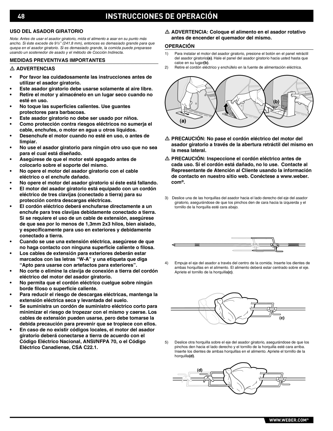 Summit E/S-620/650 manual USO DEL Asador Giratorio, Medidas Preventivas Importantes Advertencias, Operación 