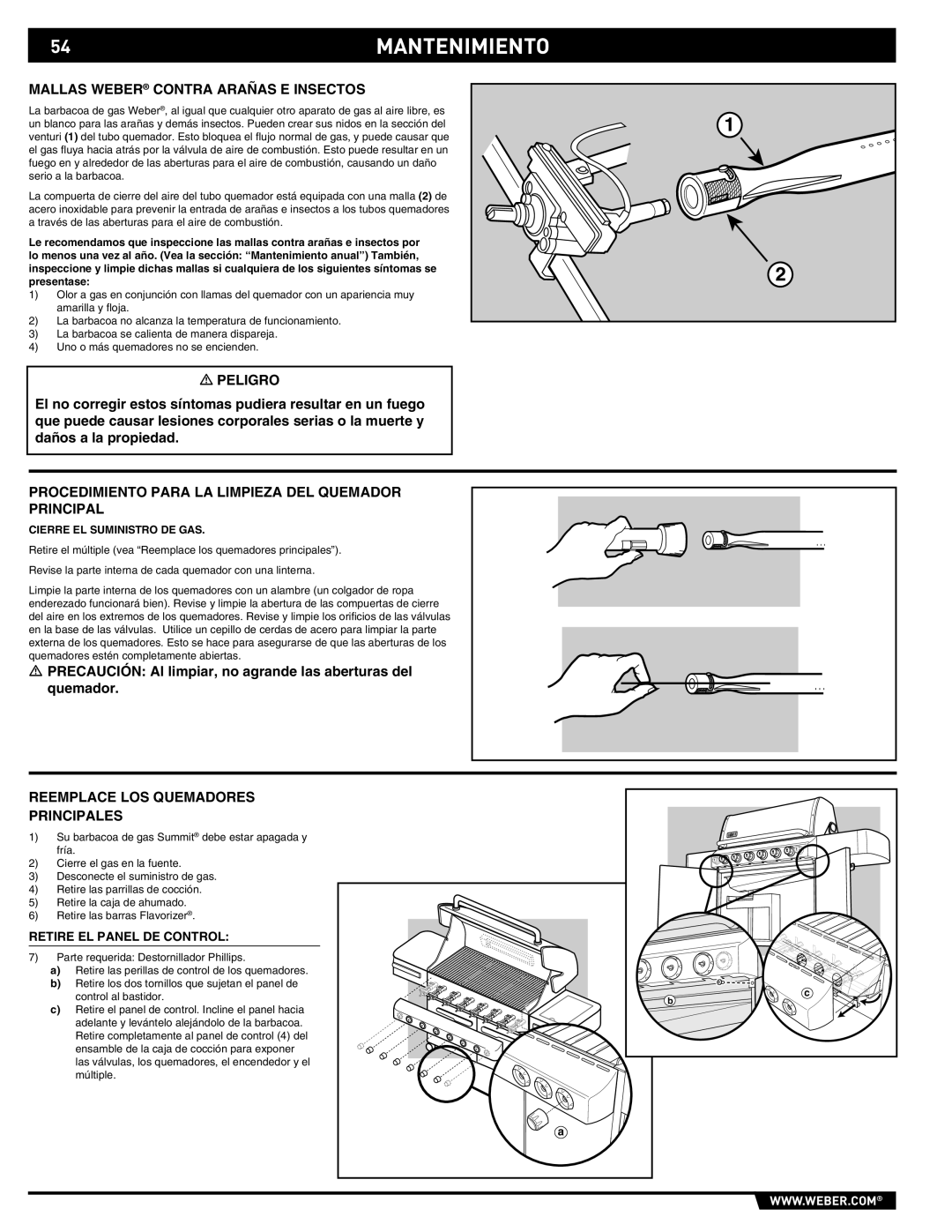 Summit E/S-620/650 manual 54MANTENIMIENTO, Mallas Weber Contra Arañas E Insectos, Reemplace LOS Quemadores Principales 