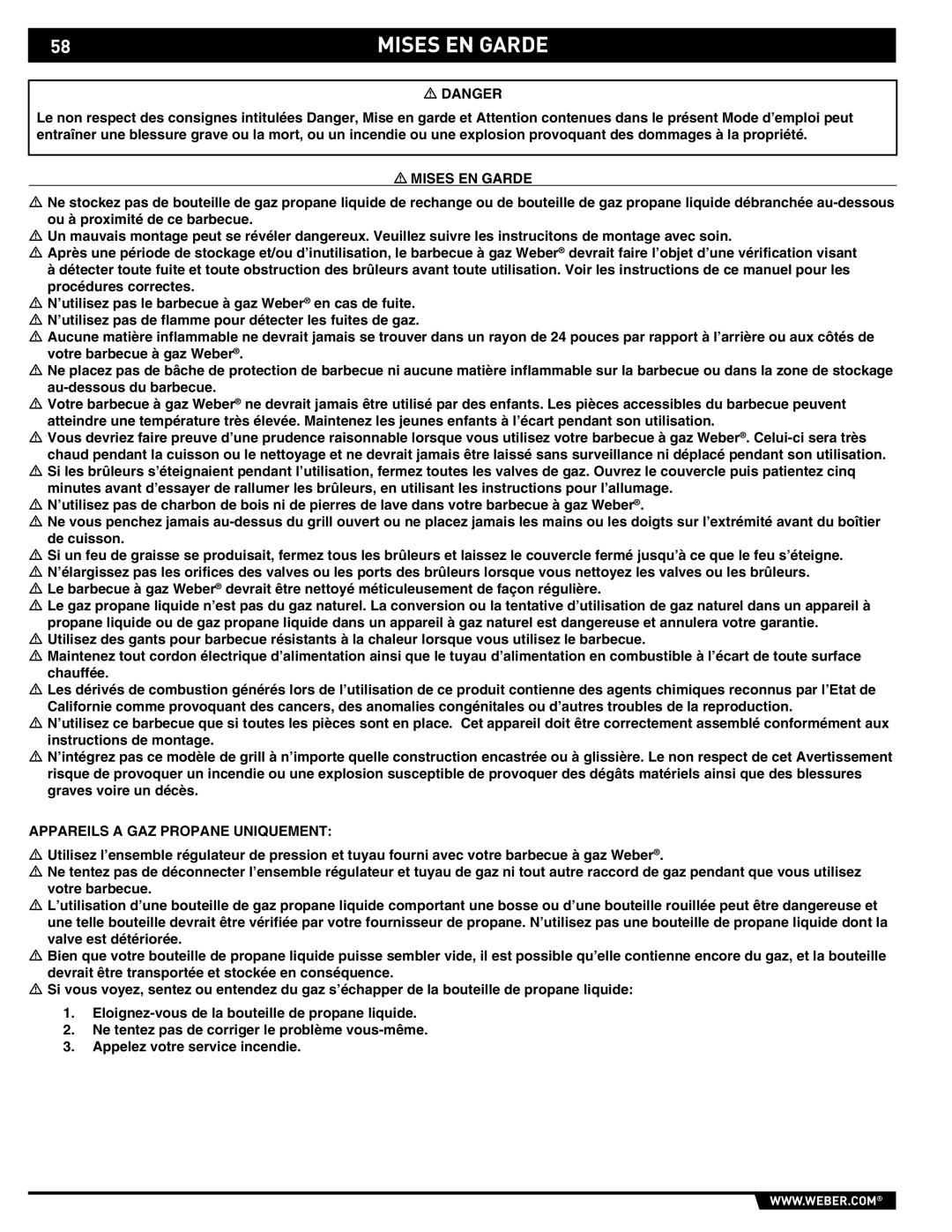 Summit E/S-620/650 manual Mises EN Garde, Appareils a GAZ Propane Uniquement 