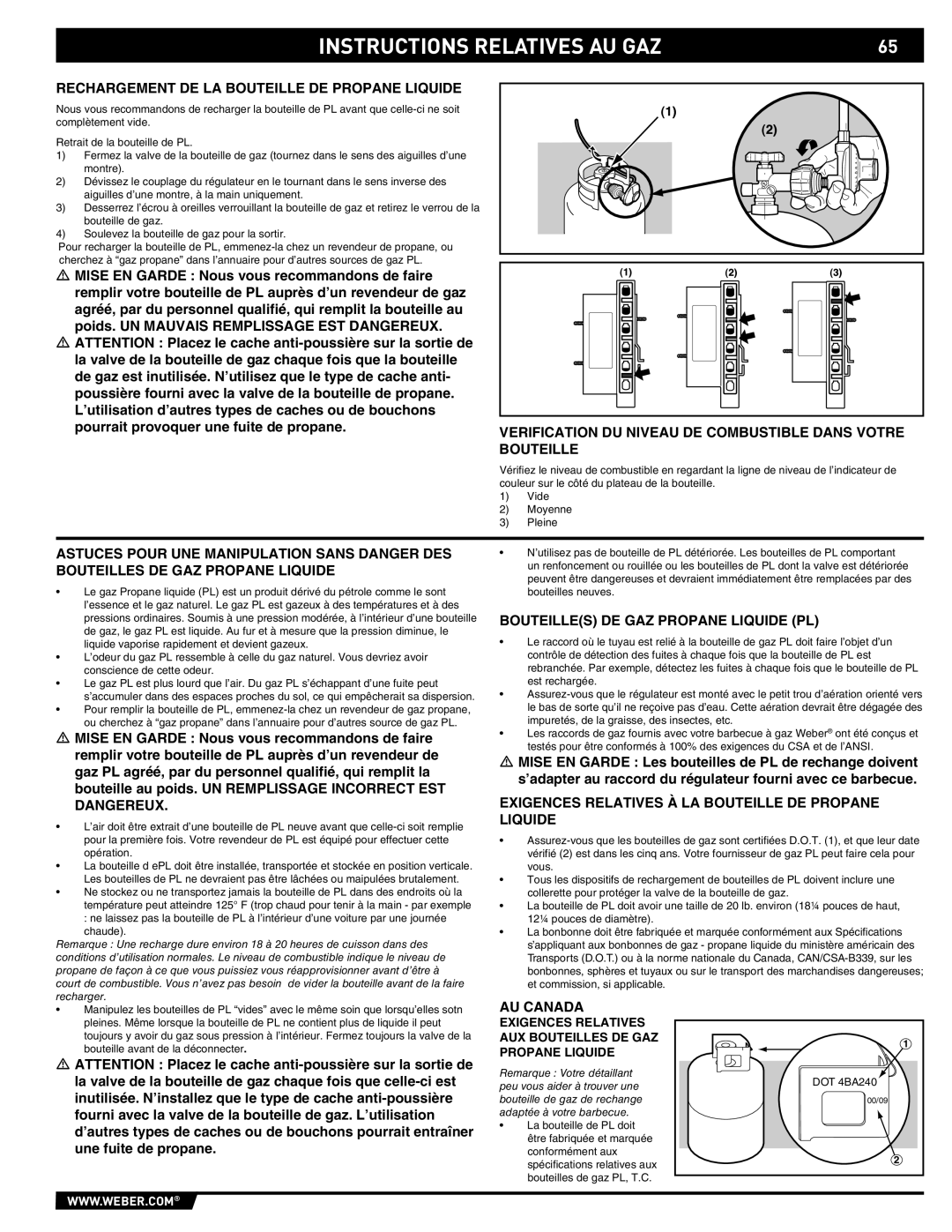 Summit E/S-620/650 manual Rechargement DE LA Bouteille DE Propane Liquide, Bouteilles DE GAZ Propane Liquide PL, AU Canada 