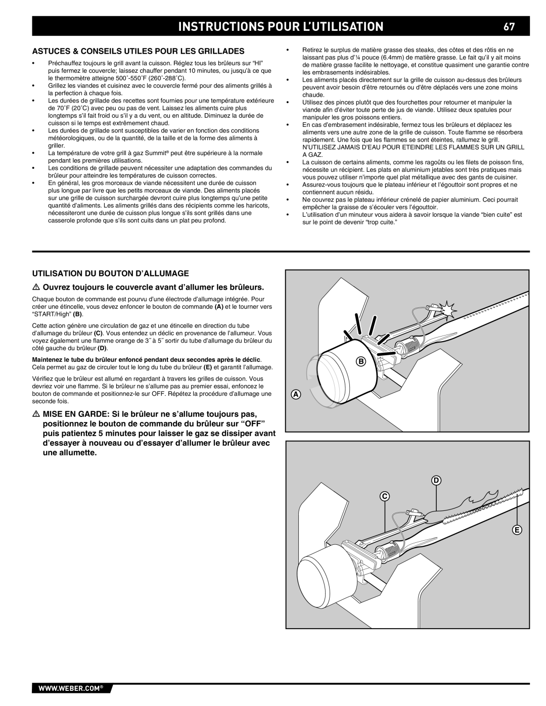 Summit E/S-620/650 manual Astuces & Conseils Utiles Pour LES Grillades, Utilisation DU Bouton D’ALLUMAGE 