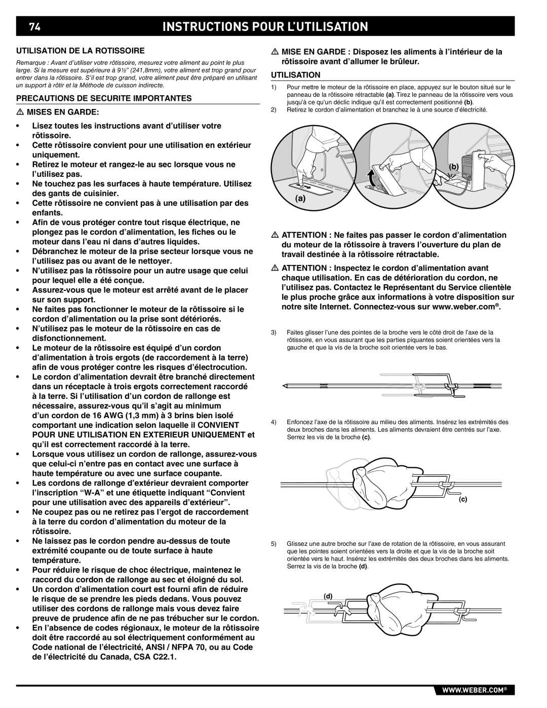 Summit E/S-620/650 manual Utilisation DE LA Rotissoire, Precautions DE Securite Importantes Mises EN Garde 