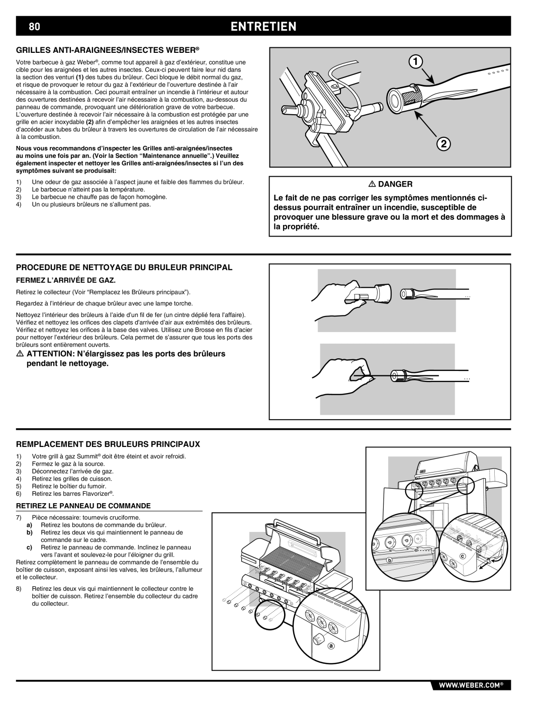 Summit E/S-620/650 manual 80ENTRETIEN, Grilles ANTI-ARAIGNEES/INSECTES Weber, Procedure DE Nettoyage DU Bruleur Principal 