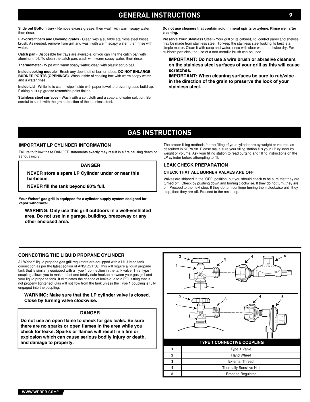 Summit E/S-620/650 manual GAS Instructions, Important LP Cylinder Information, Leak Check Preparation 