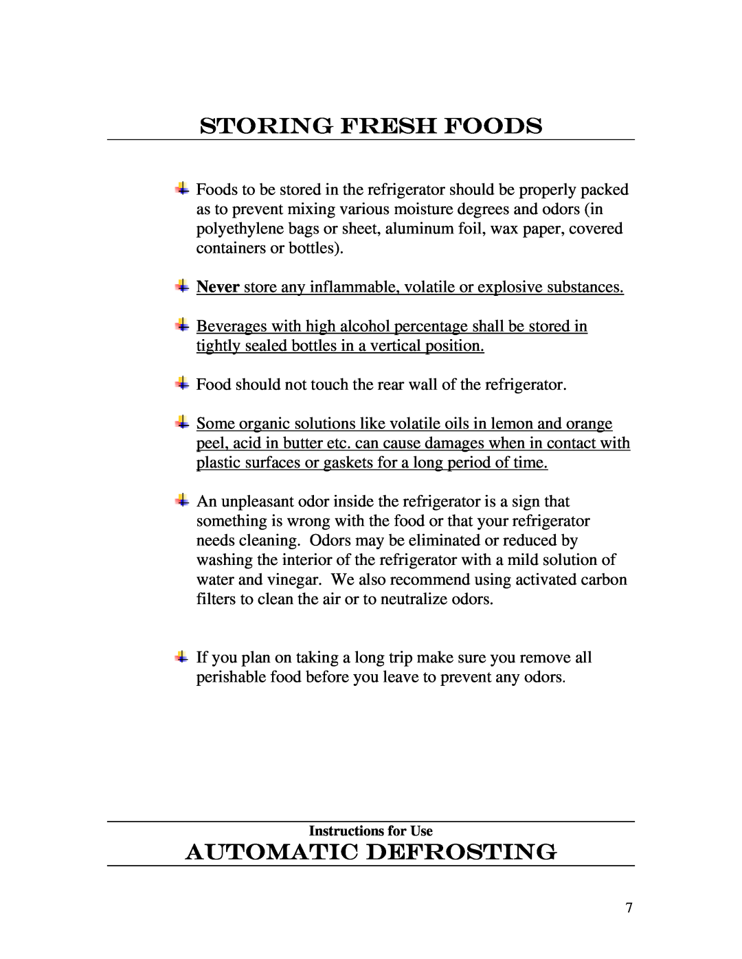 Summit FF-6, FF-7 instruction manual Storing Fresh Foods, automatic Defrosting 