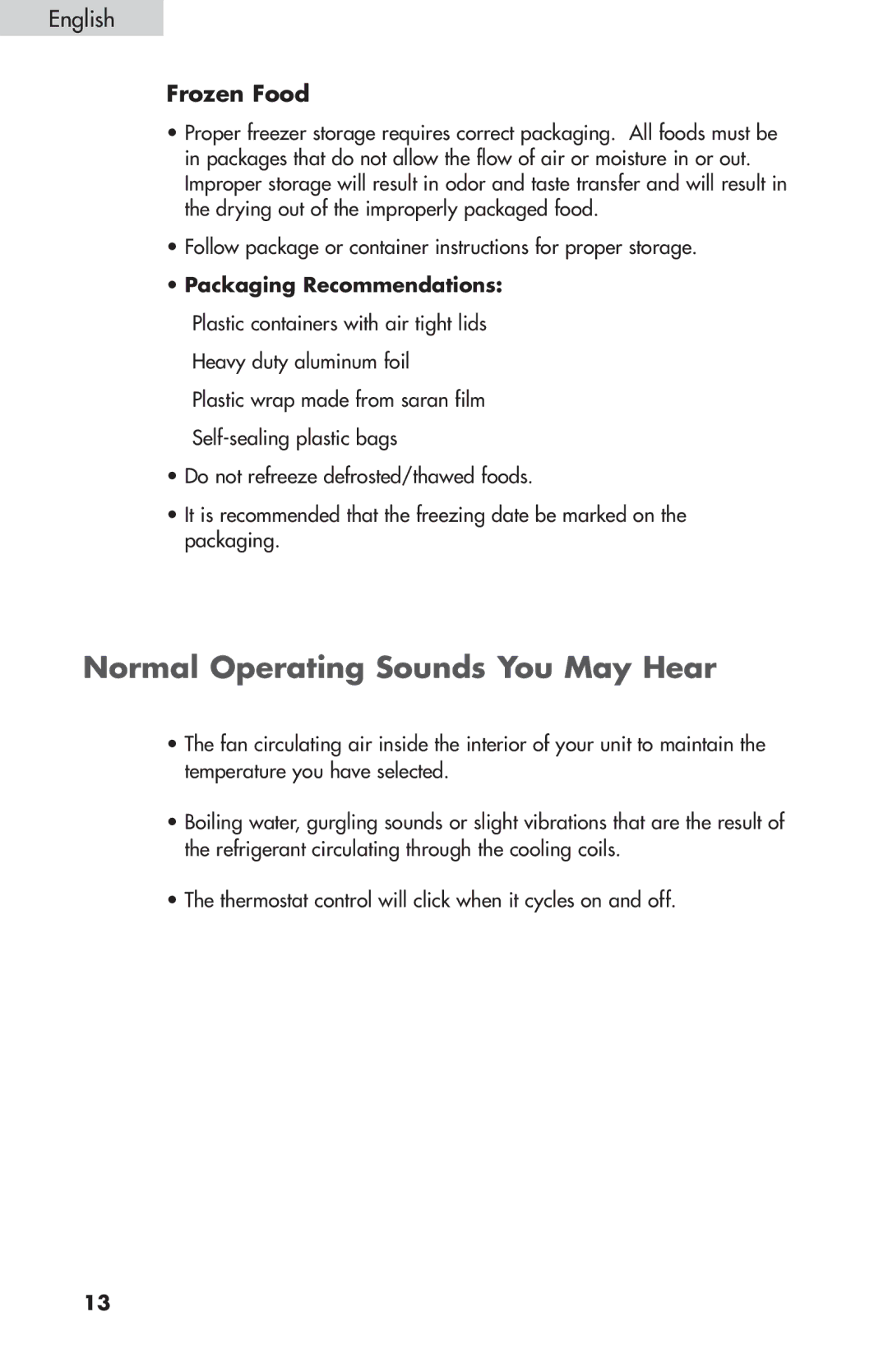 Summit FF-1274W, FF-874W, FF-1074W user manual Normal Operating Sounds You May Hear, Frozen Food 