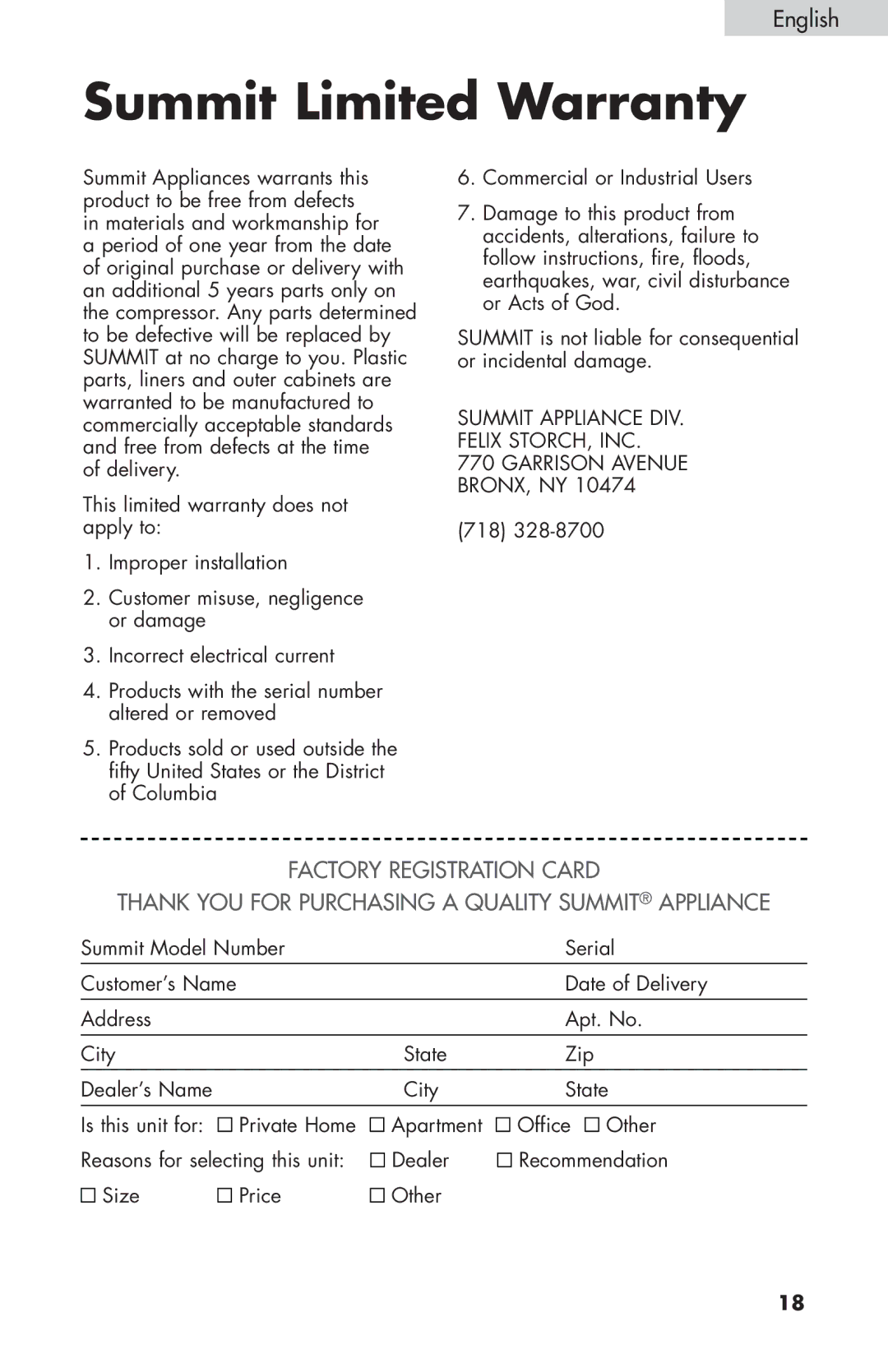 Summit FF-1074W, FF-874W, FF-1274W user manual Summit Limited Warranty, 718, Summit Model Number Serial, Date of Delivery 