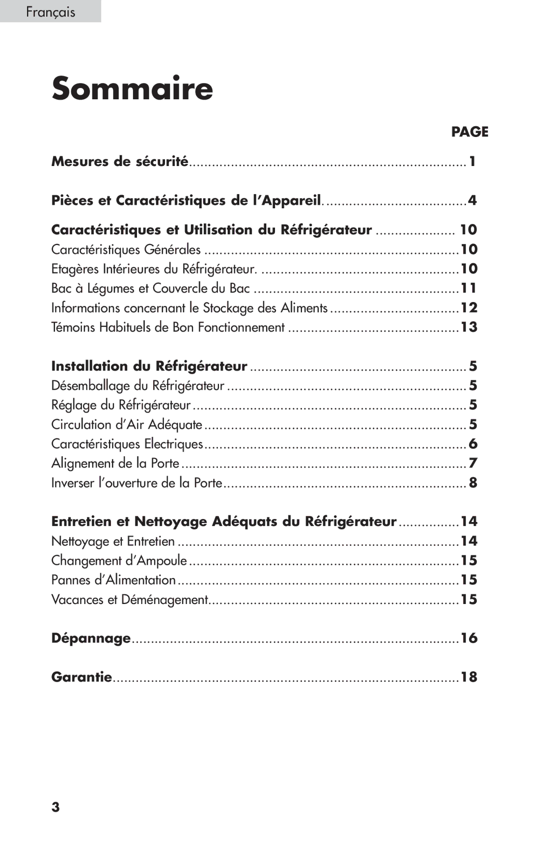 Summit FF-1074W, FF-874W, FF-1274W user manual Sommaire, Caractéristiques et Utilisation du Réfrigérateur 