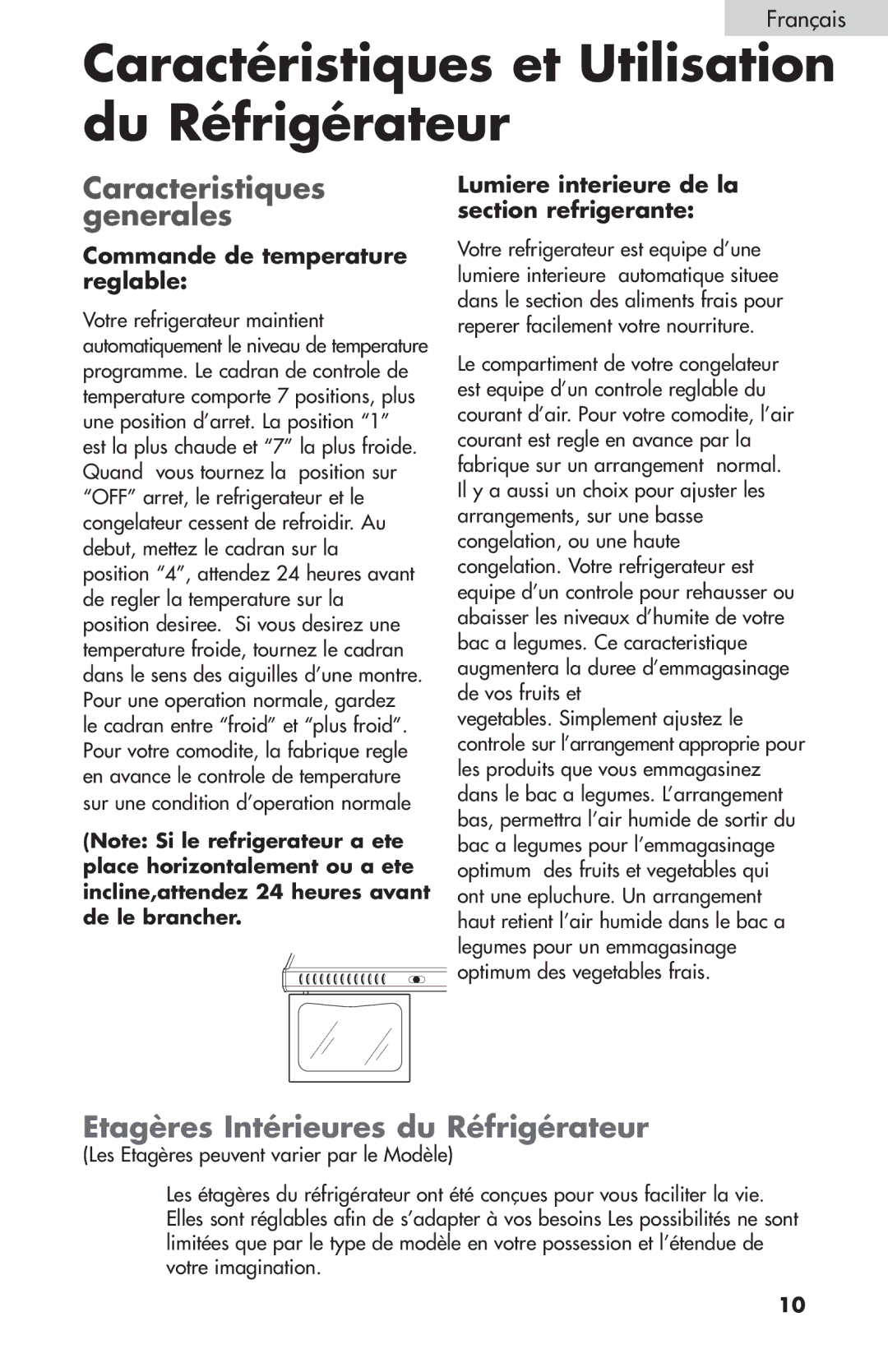 Summit FF-1274W, FF-874W, FF-1074W user manual Caractéristiques et Utilisation du Réfrigérateur, Caracteristiques generales 