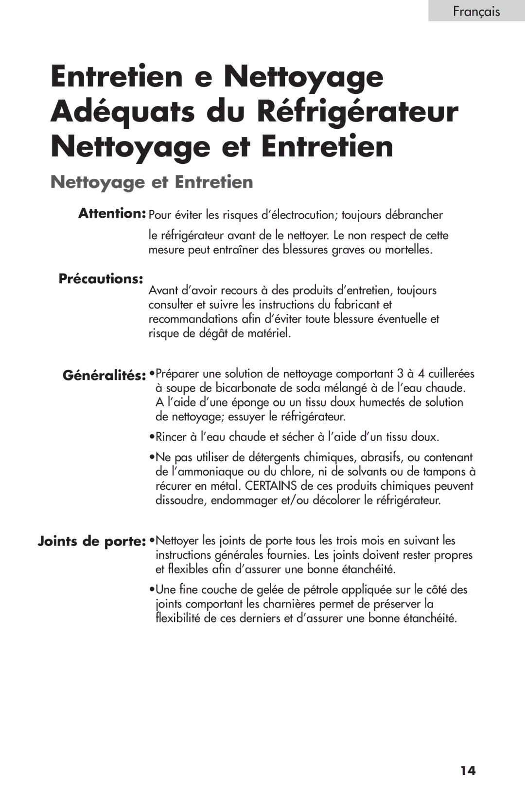 Summit FF-874W, FF-1074W, FF-1274W user manual Nettoyage et Entretien, Précautions 