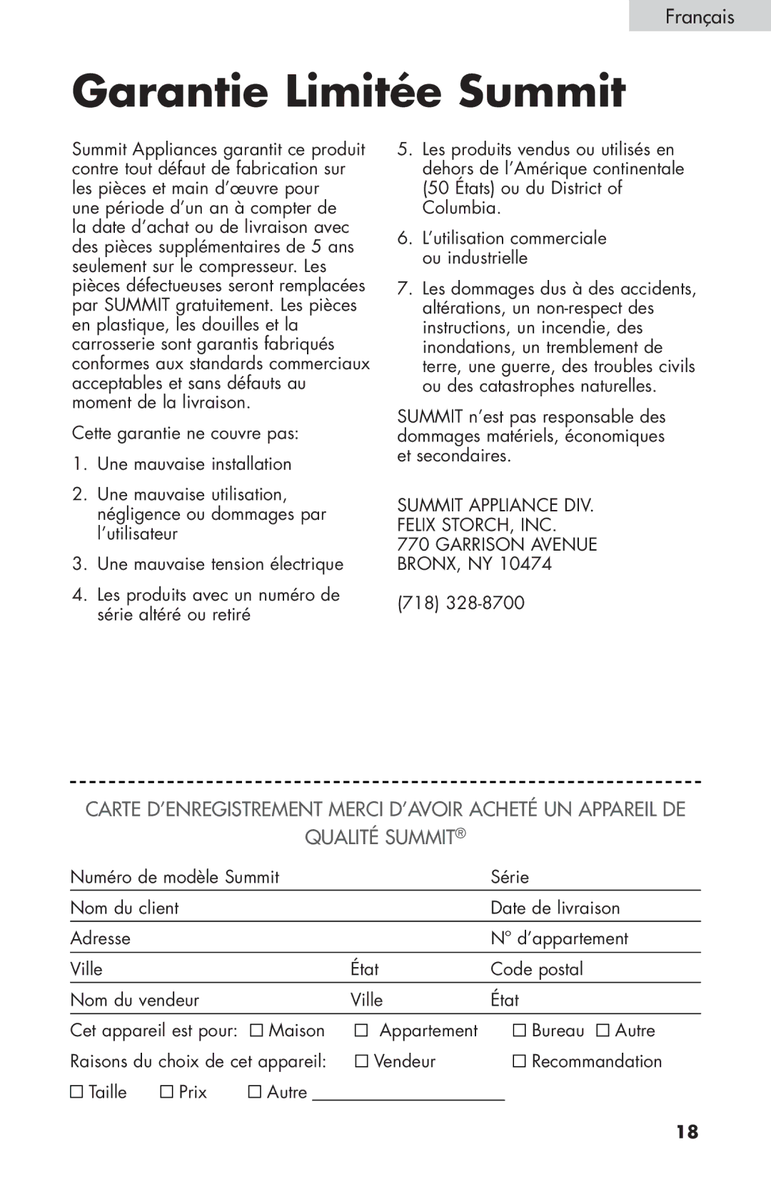 Summit FF-1074W, FF-874W, FF-1274W user manual Garantie Limitée Summit, Taille Prix Autre Appartement Bureau Vendeur 