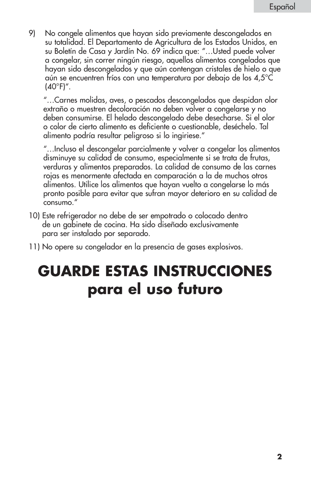 Summit FF-874W, FF-1074W, FF-1274W user manual Guarde Estas Instrucciones 