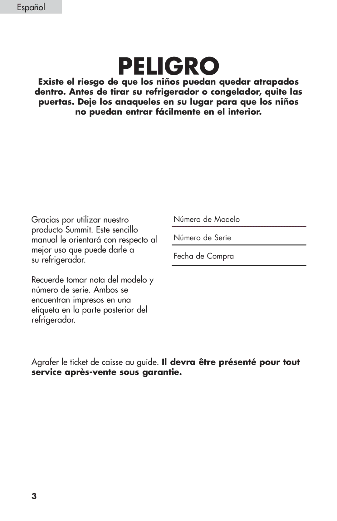 Summit FF-1074W, FF-874W, FF-1274W user manual Peligro, Número de Modelo Número de Serie Fecha de Compra 