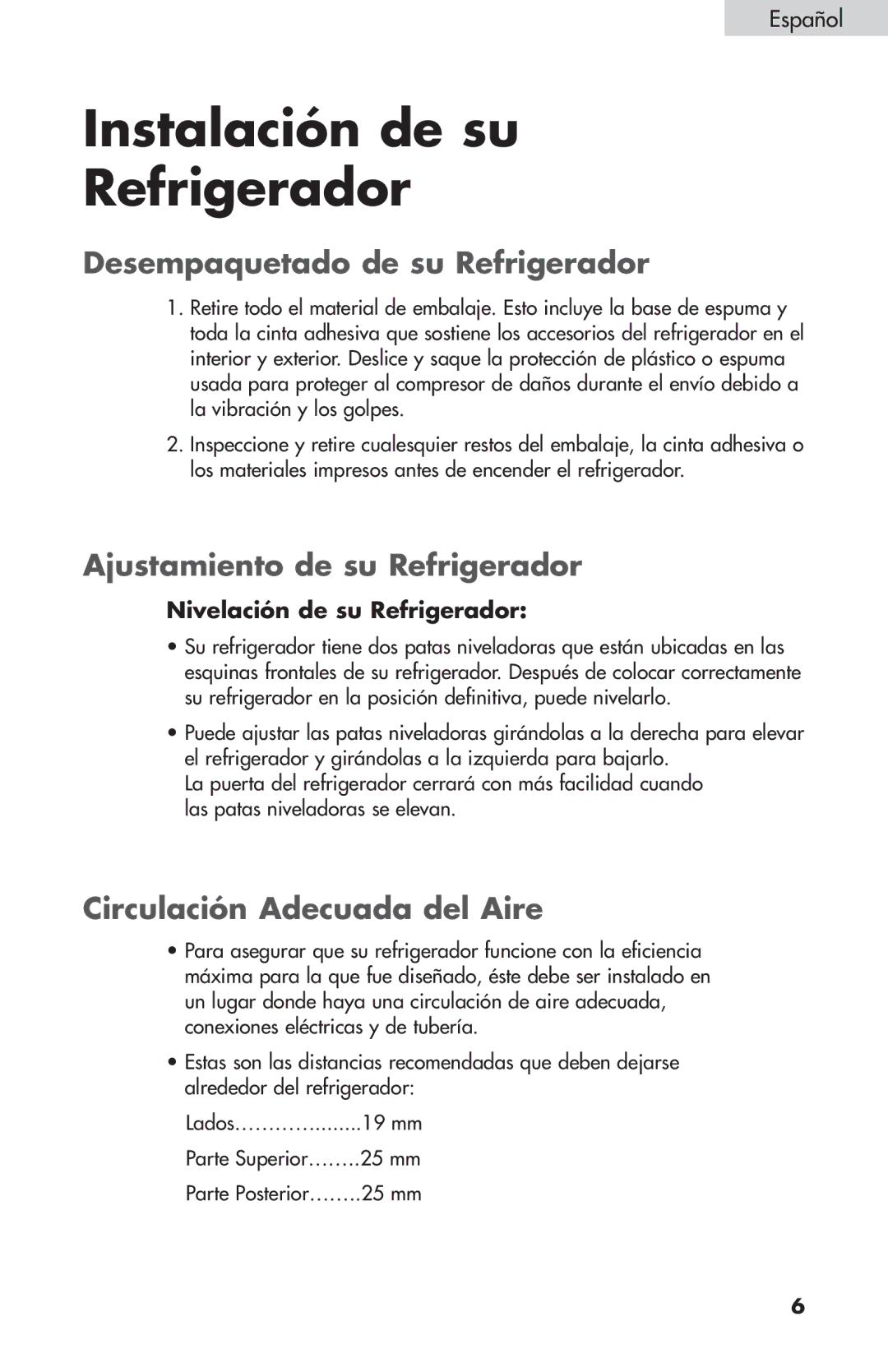 Summit FF-1074W Instalación de su Refrigerador, Desempaquetado de su Refrigerador, Ajustamiento de su Refrigerador 