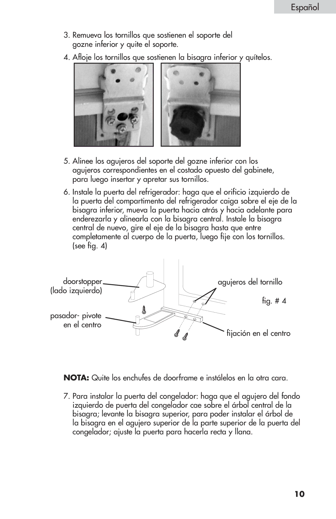 Summit FF-1274W, FF-874W, FF-1074W user manual Agujeros del tornillo 