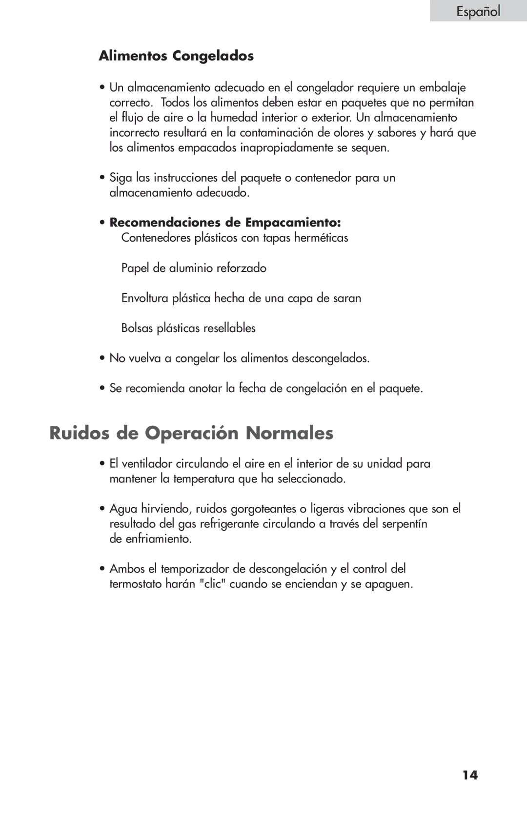 Summit FF-874W, FF-1074W, FF-1274W user manual Ruidos de Operación Normales, Alimentos Congelados, De enfriamiento 