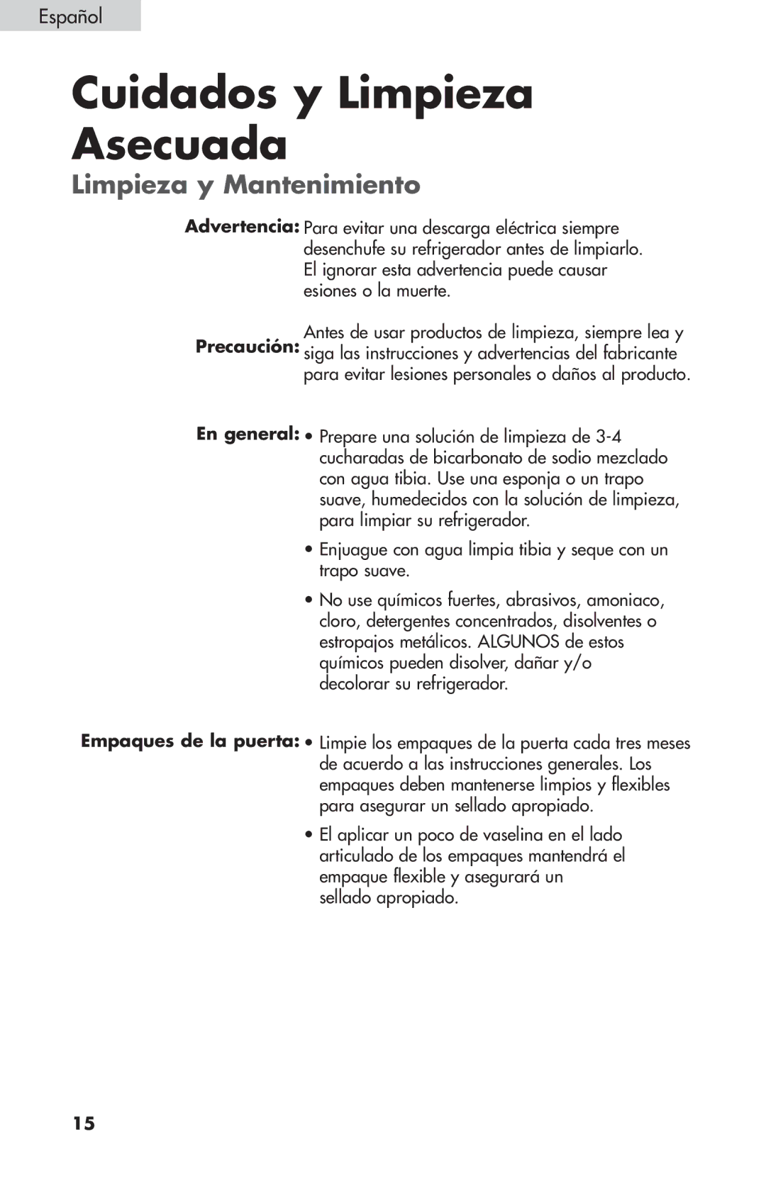 Summit FF-1074W, FF-874W, FF-1274W user manual Cuidados y Limpieza Asecuada, Limpieza y Mantenimiento 