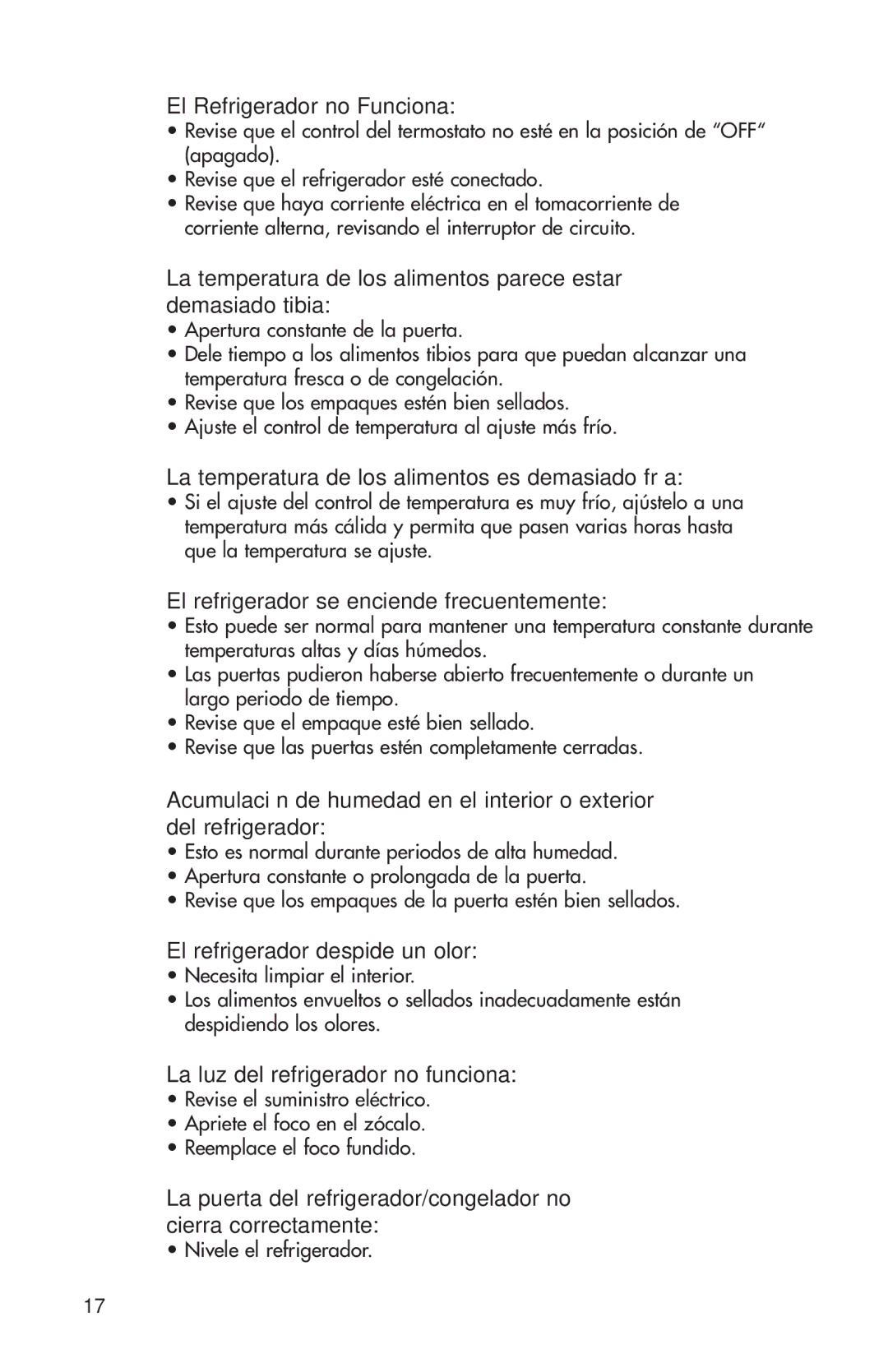 Summit FF-874W, FF-1074W, FF-1274W user manual Verificación de Problemas 