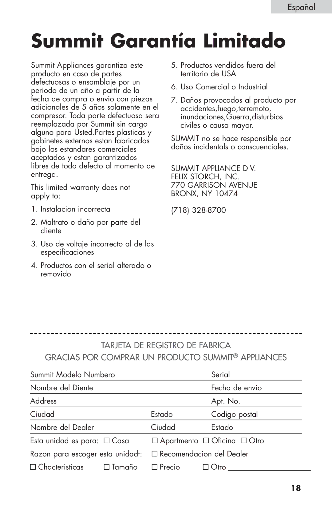 Summit FF-1074W, FF-874W, FF-1274W user manual Summit Garantía Limitado, Chacteristicas Tamaño Precio Otro 