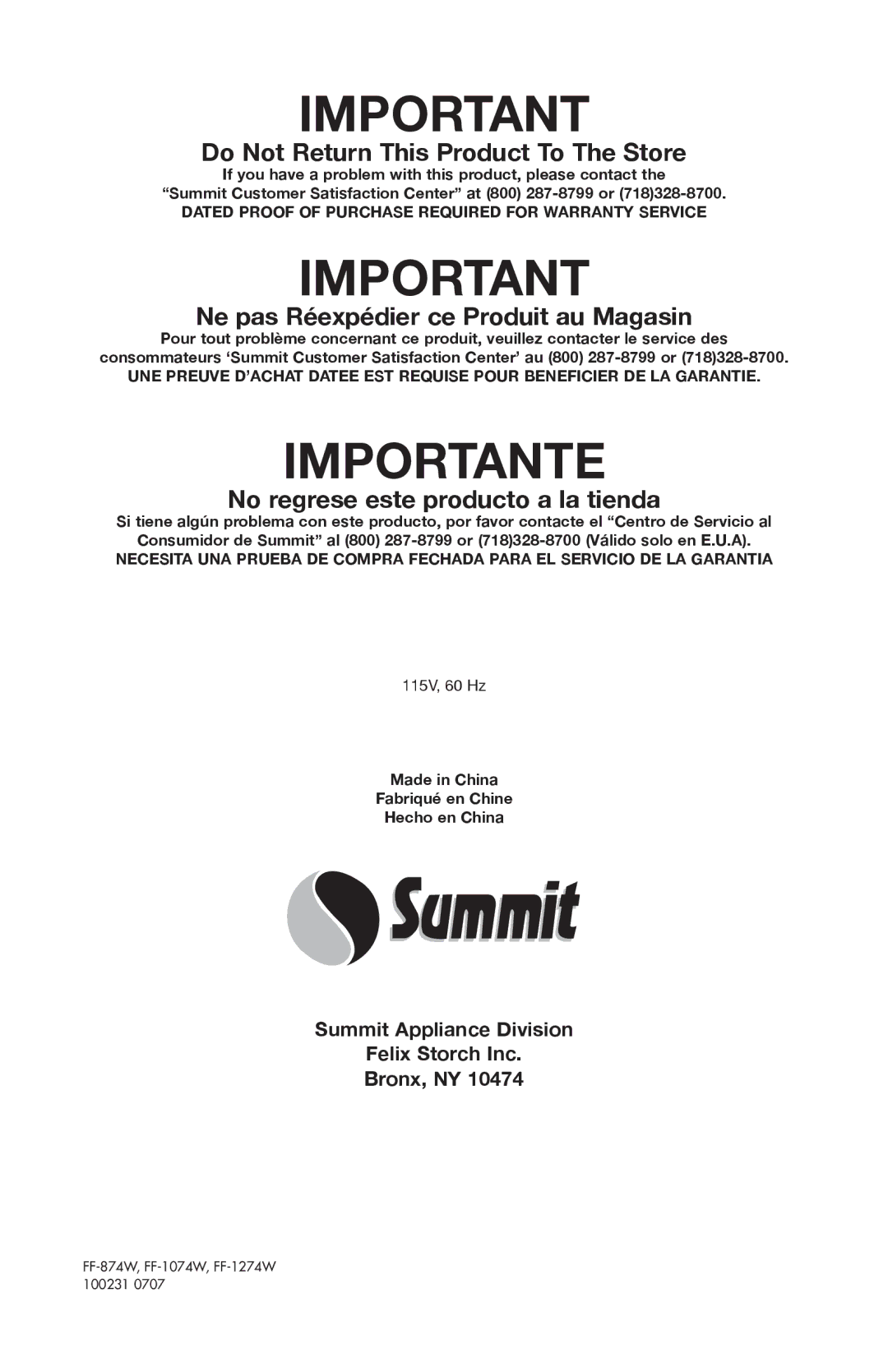 Summit FF-1274W, FF-874W, FF-1074W user manual Important­­ 