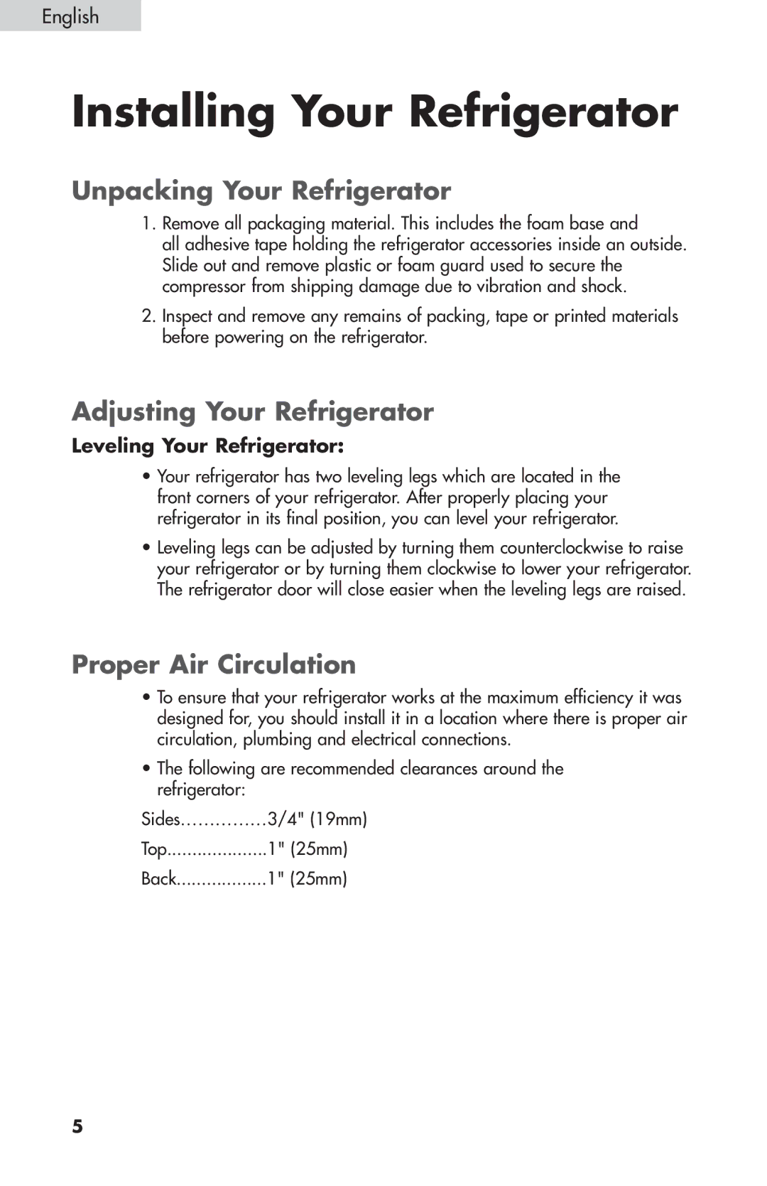 Summit FF-874W, FF-1074W, FF-1274W Installing Your Refrigerator, Unpacking Your Refrigerator, Adjusting Your Refrigerator 