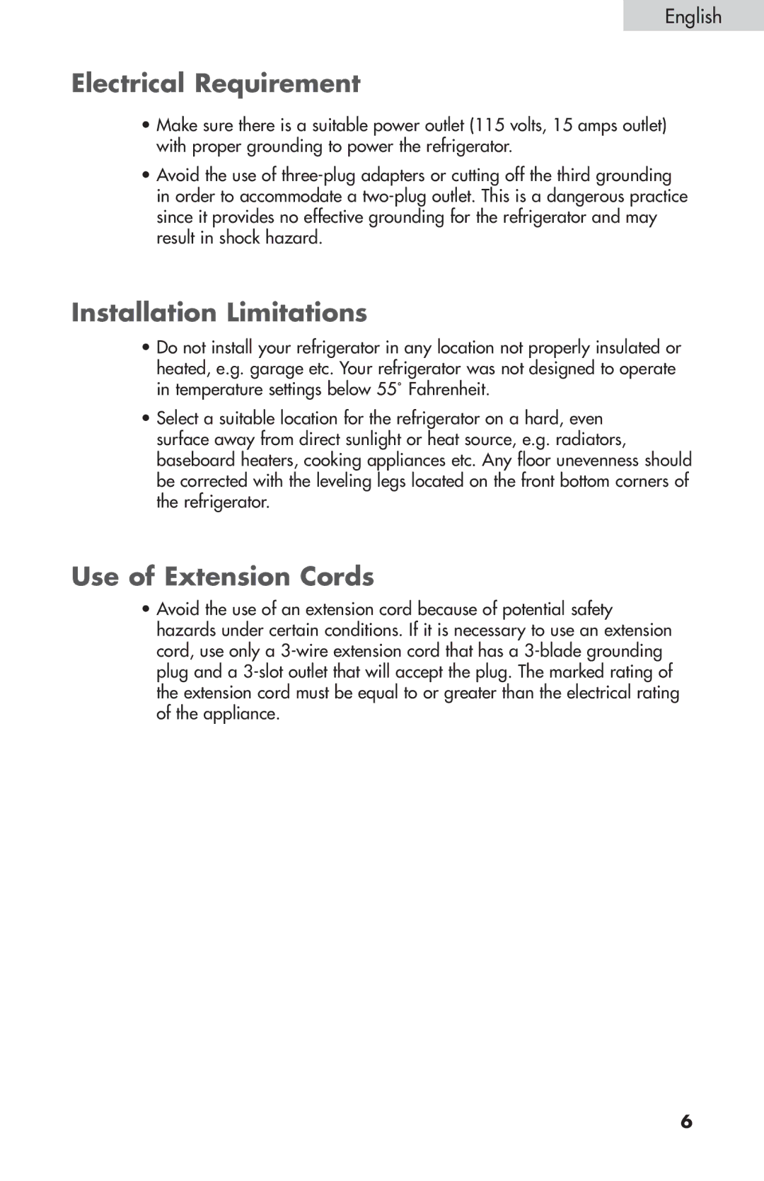 Summit FF-1074W, FF-874W, FF-1274W user manual Electrical Requirement, Installation Limitations, Use of Extension Cords 