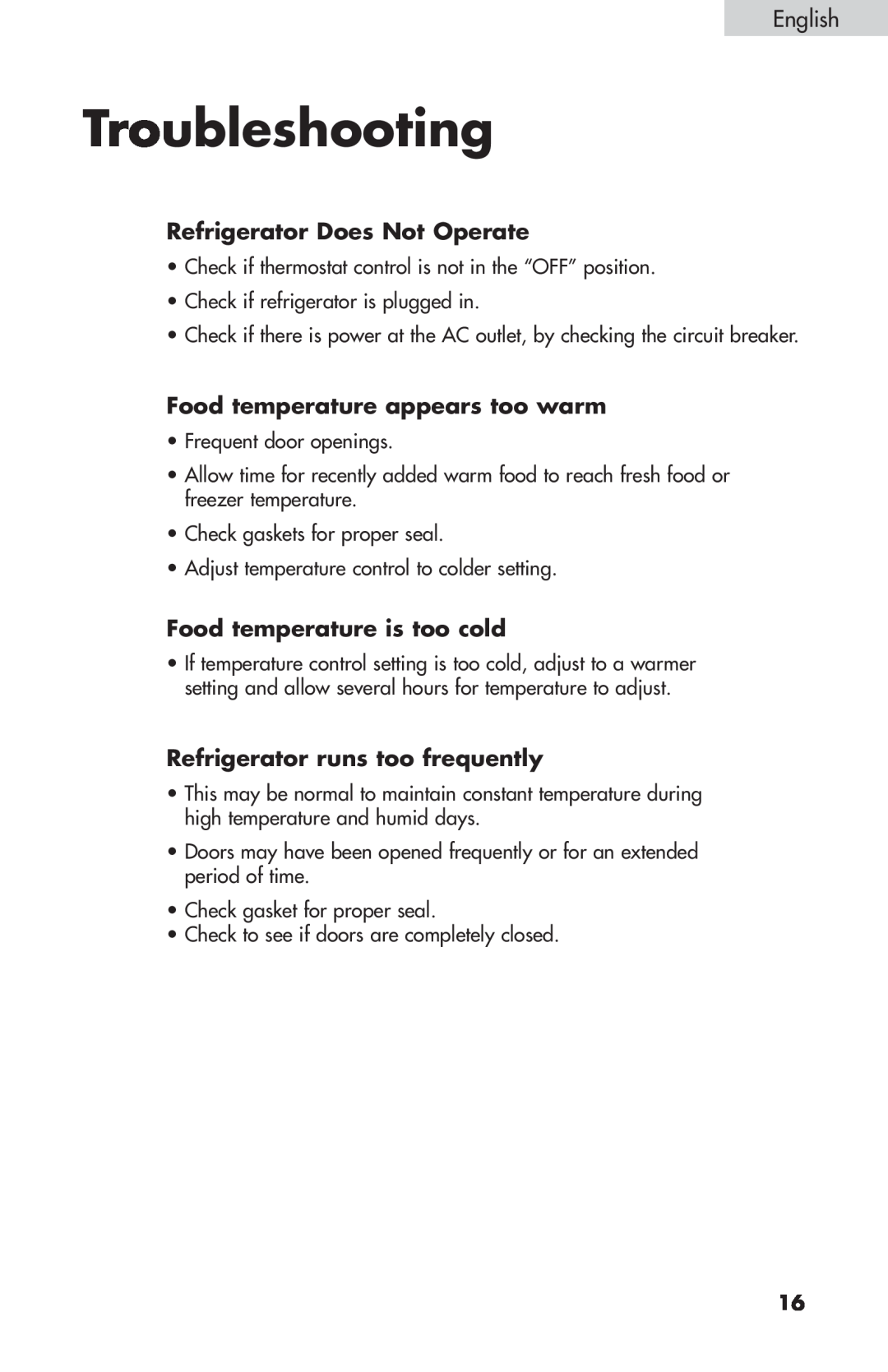 Summit FF-1274W, FF-874W, FF-1074W Troubleshooting, Refrigerator Does Not Operate, Food temperature appears too warm 