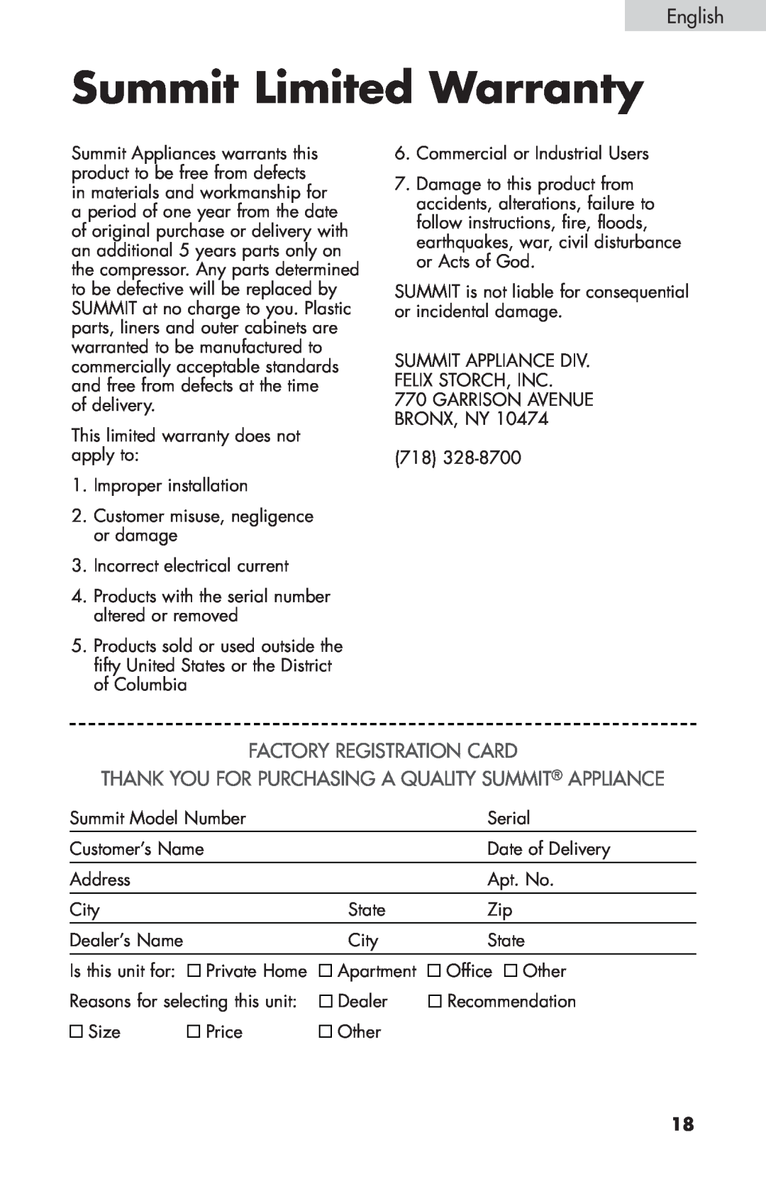 Summit FF-1074W, FF-874W, FF-1274W user manual Summit Limited Warranty, Factory Registration Card 