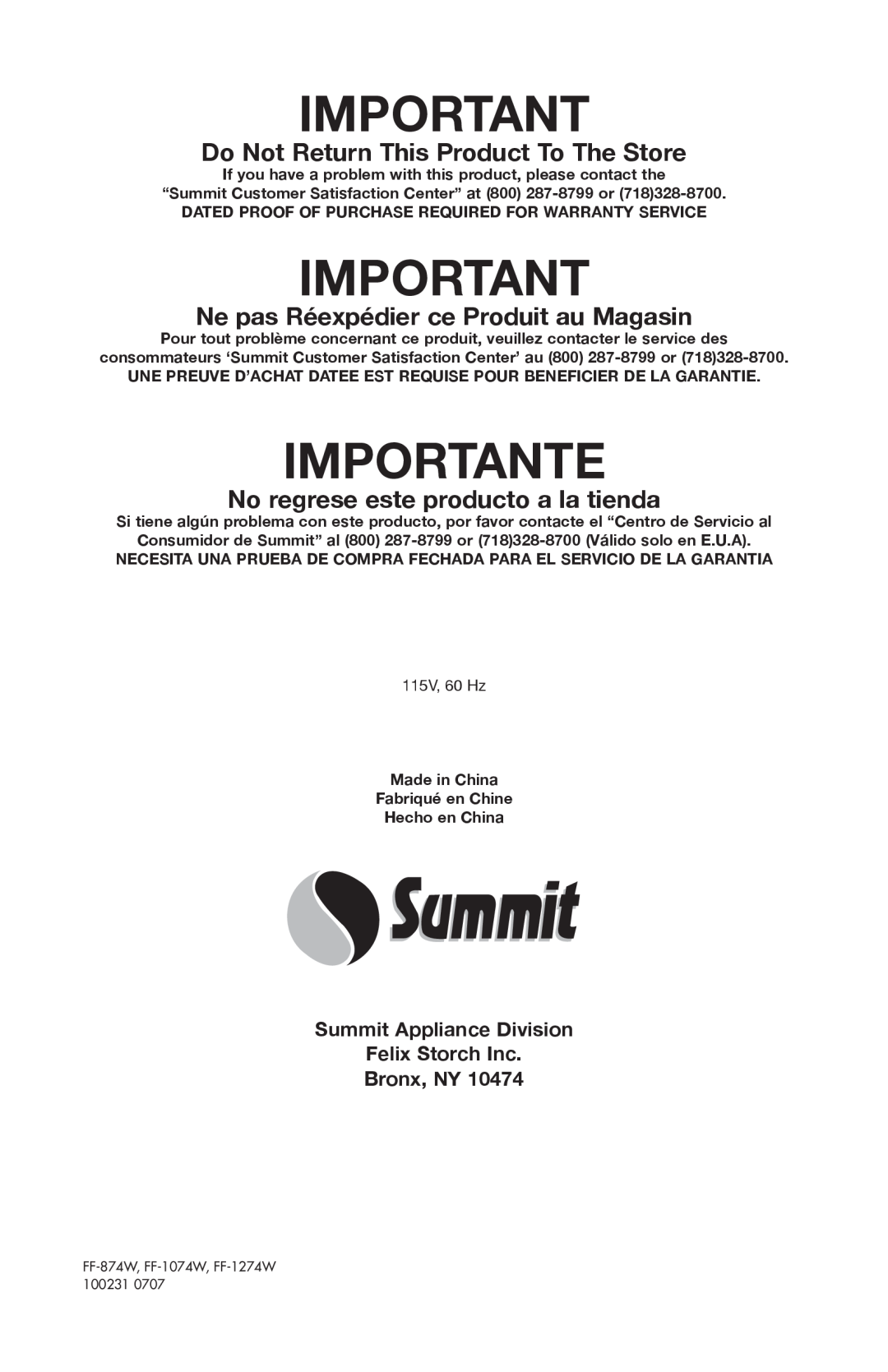 Summit FF-1274W, FF-874W, FF-1074W user manual Important­­, Importante, Do ­Not ­Return ­This ­Product ­To ­The ­Store­­ 