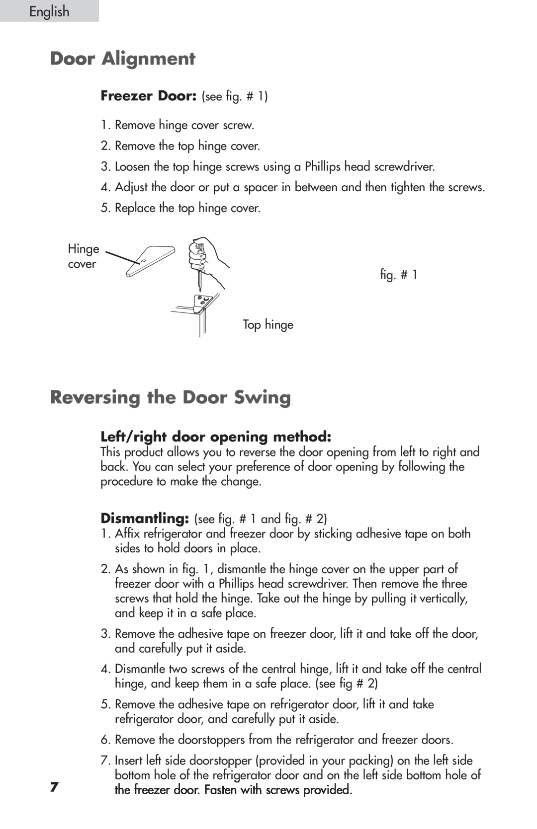 Summit FF-1274W, FF-874W Door Alignment, Reversing the Door Swing, Freezer Door see fig. #, Left/right door opening method 