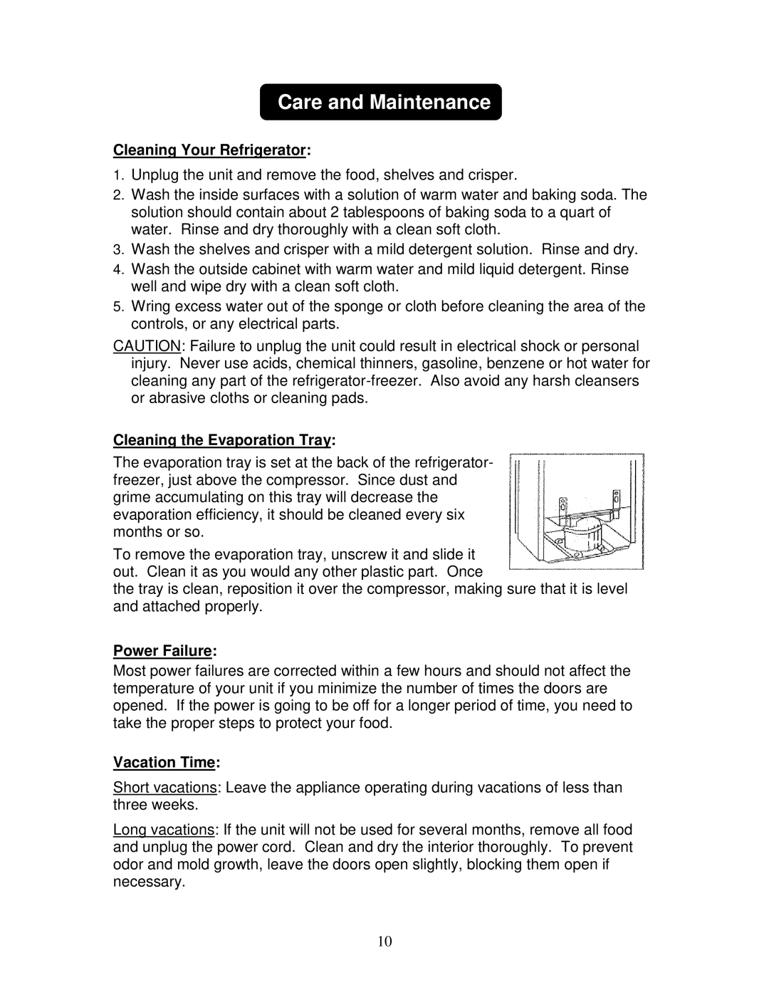 Summit FF1152SS owner manual Care and Maintenance, Cleaning Your Refrigerator, Cleaning the Evaporation Tray, Power Failure 