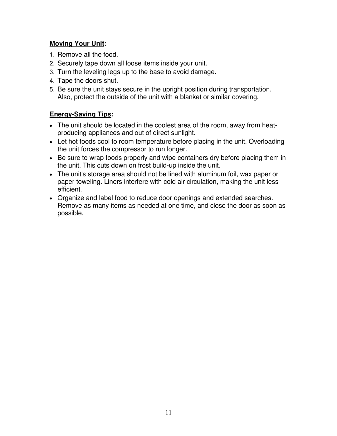 Summit FF1152SS owner manual Moving Your Unit, Energy-Saving Tips 