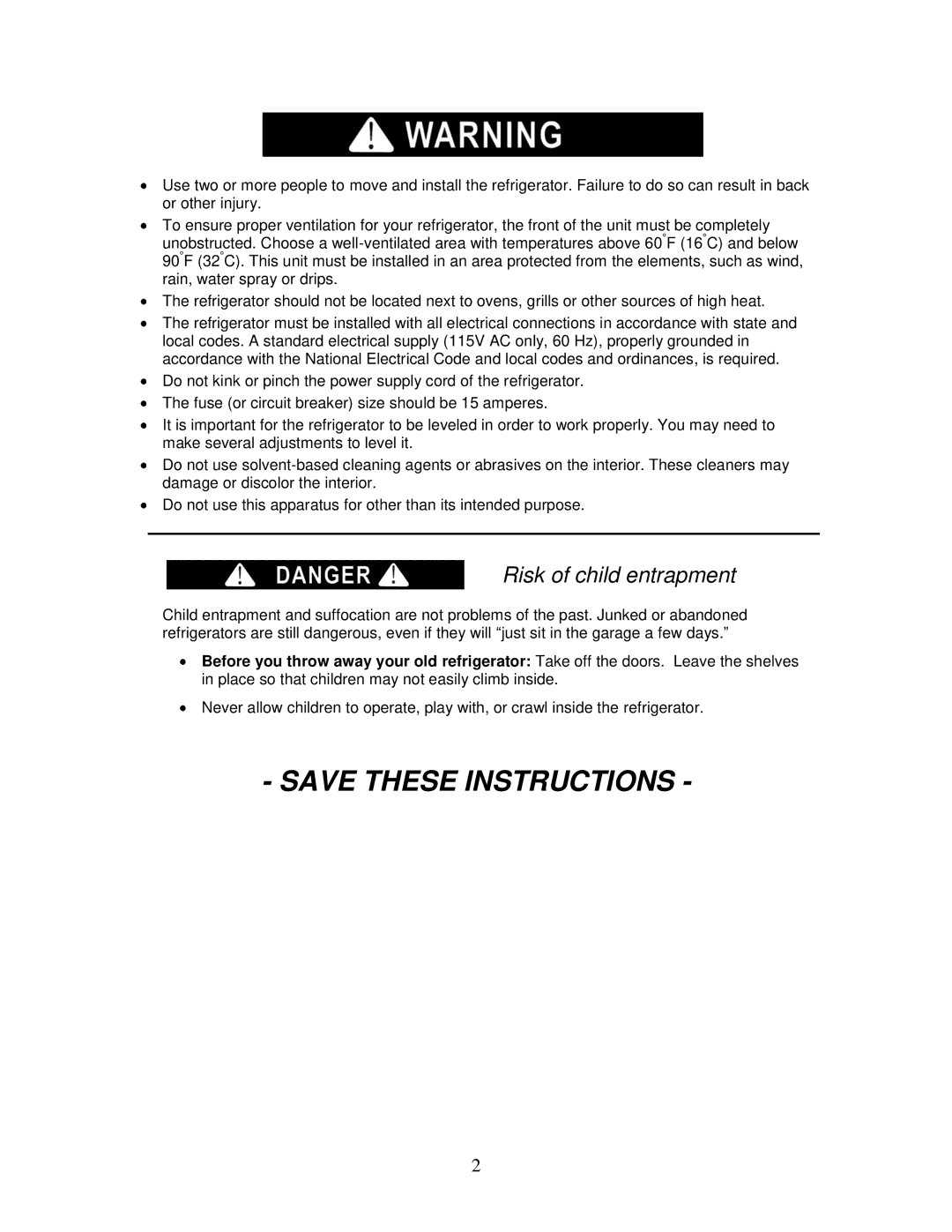 Summit FF1152SS owner manual Risk of child entrapment 