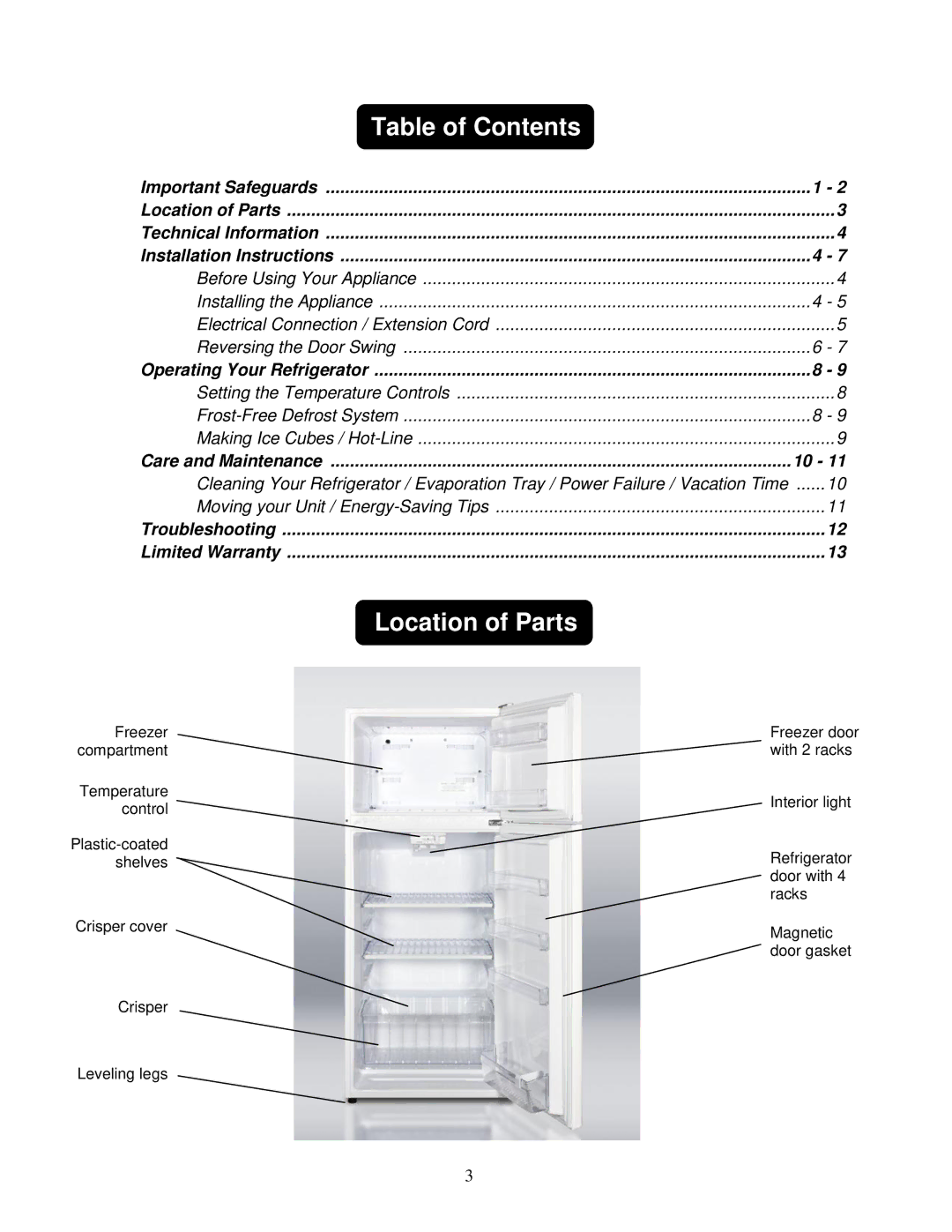 Summit FF1152SS owner manual Table of Contents 