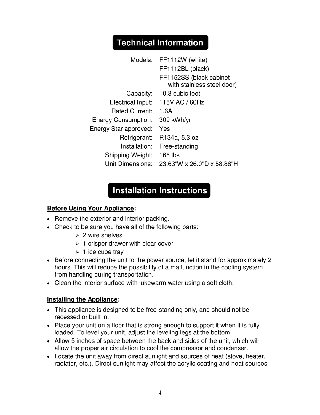 Summit FF1152SS Technical Information, Installation Instructions, Before Using Your Appliance, Installing the Appliance 