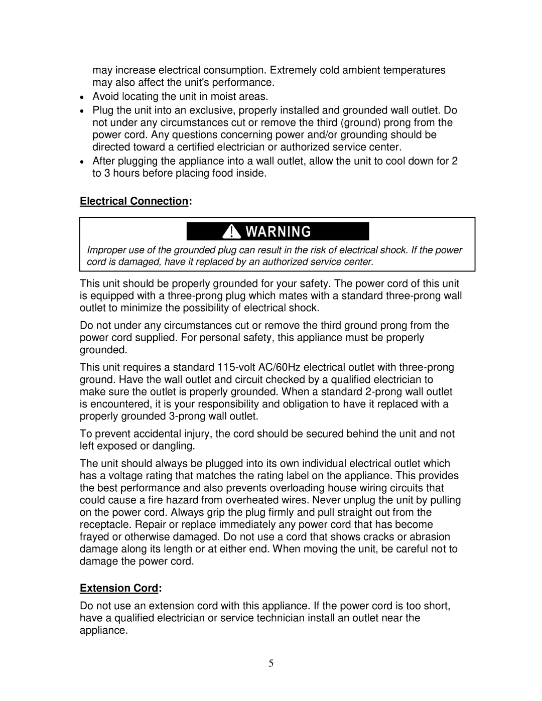 Summit FF1152SS owner manual Electrical Connection, Extension Cord 