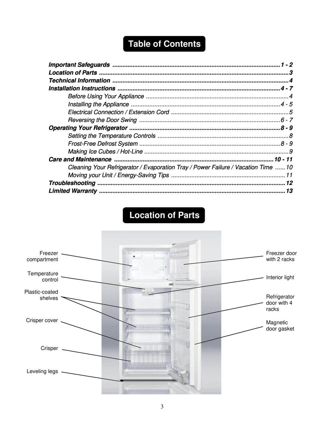 Summit FF1152SS Table of Contents, Location of Parts, Important Safeguards, Installation Instructions, Troubleshooting 