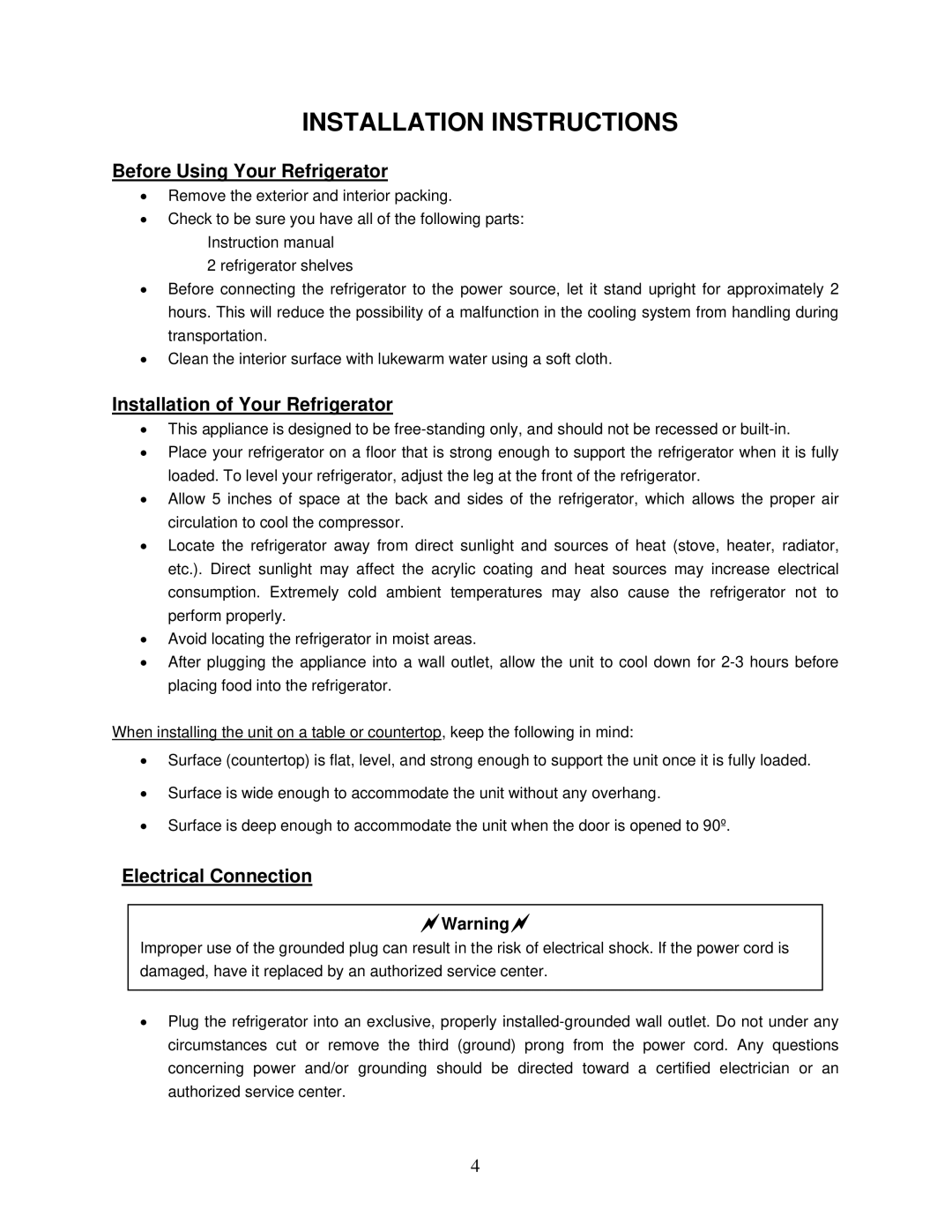 Summit FF28L Installation Instructions, Before Using Your Refrigerator, Installation of Your Refrigerator 