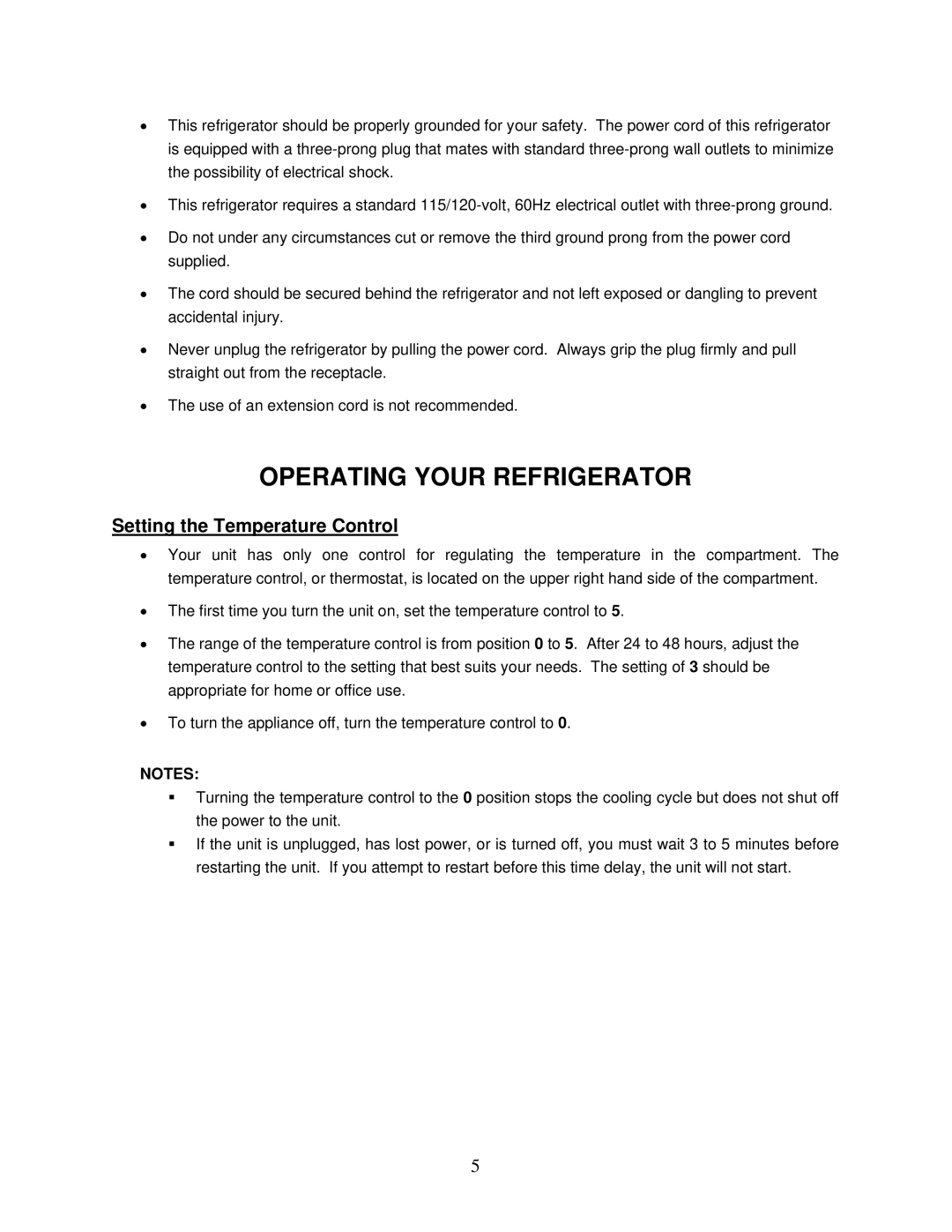 Summit FF28L instruction manual Operating Your Refrigerator, Setting the Temperature Control 